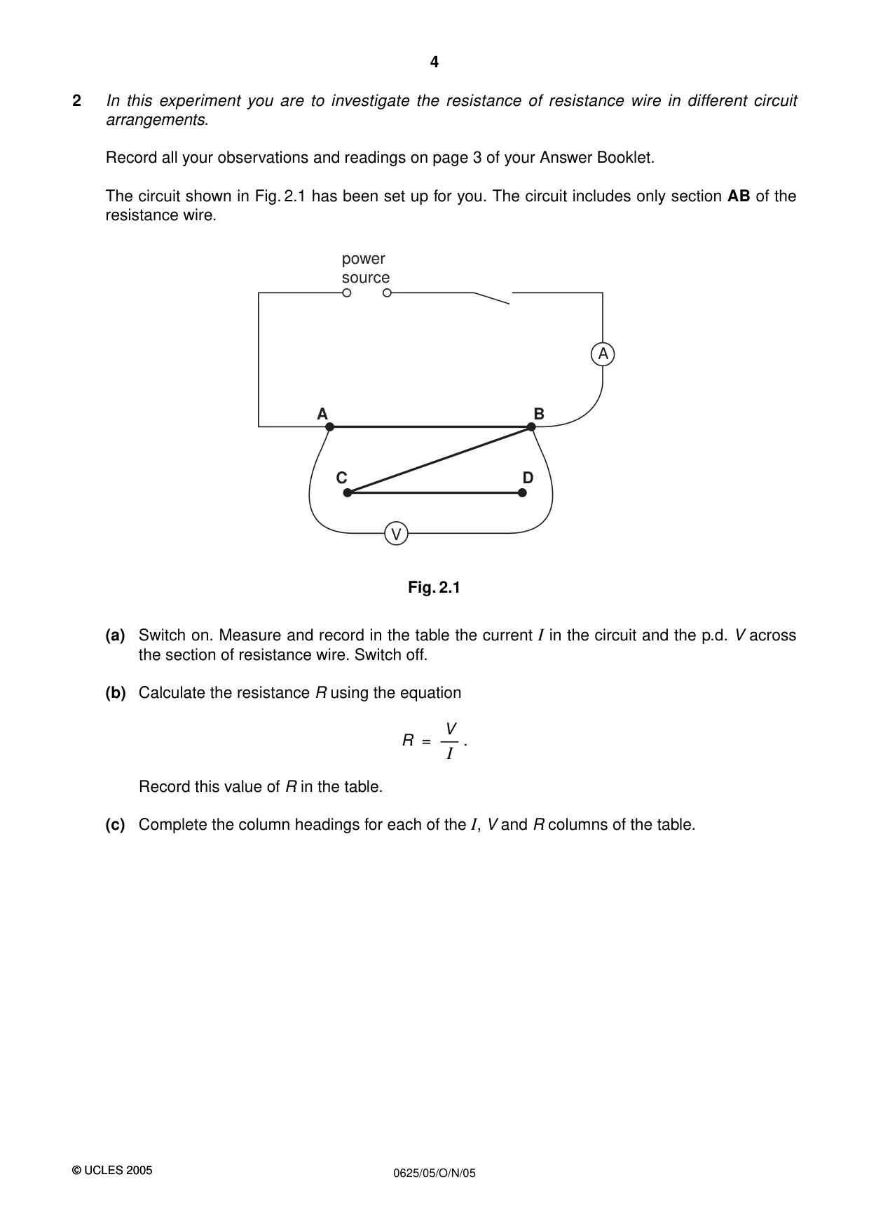 Cambridge IGCSE Physics 0625 2005 Oct/Nov Paper 5 · Variant 1 question paper, page 4 of 8