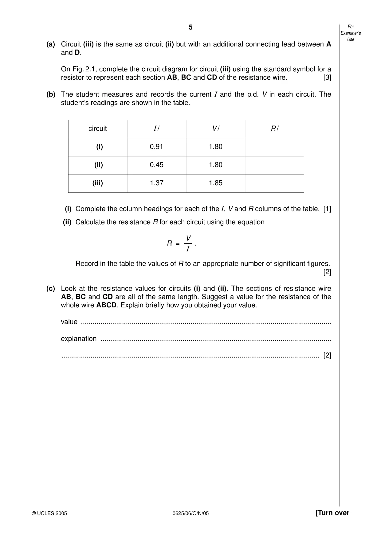 Cambridge IGCSE Physics 0625 2005 Oct/Nov Paper 6 · Variant 1 question paper, page 5 of 12