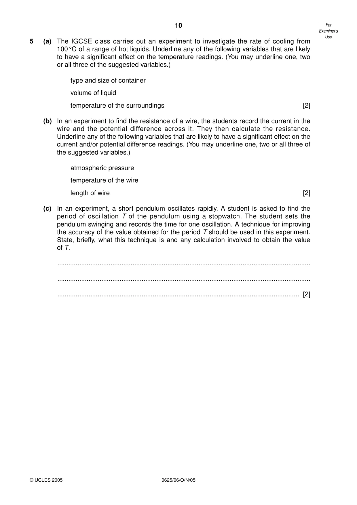 Cambridge IGCSE Physics 0625 2005 Oct/Nov Paper 6 · Variant 1 question paper, page 10 of 12