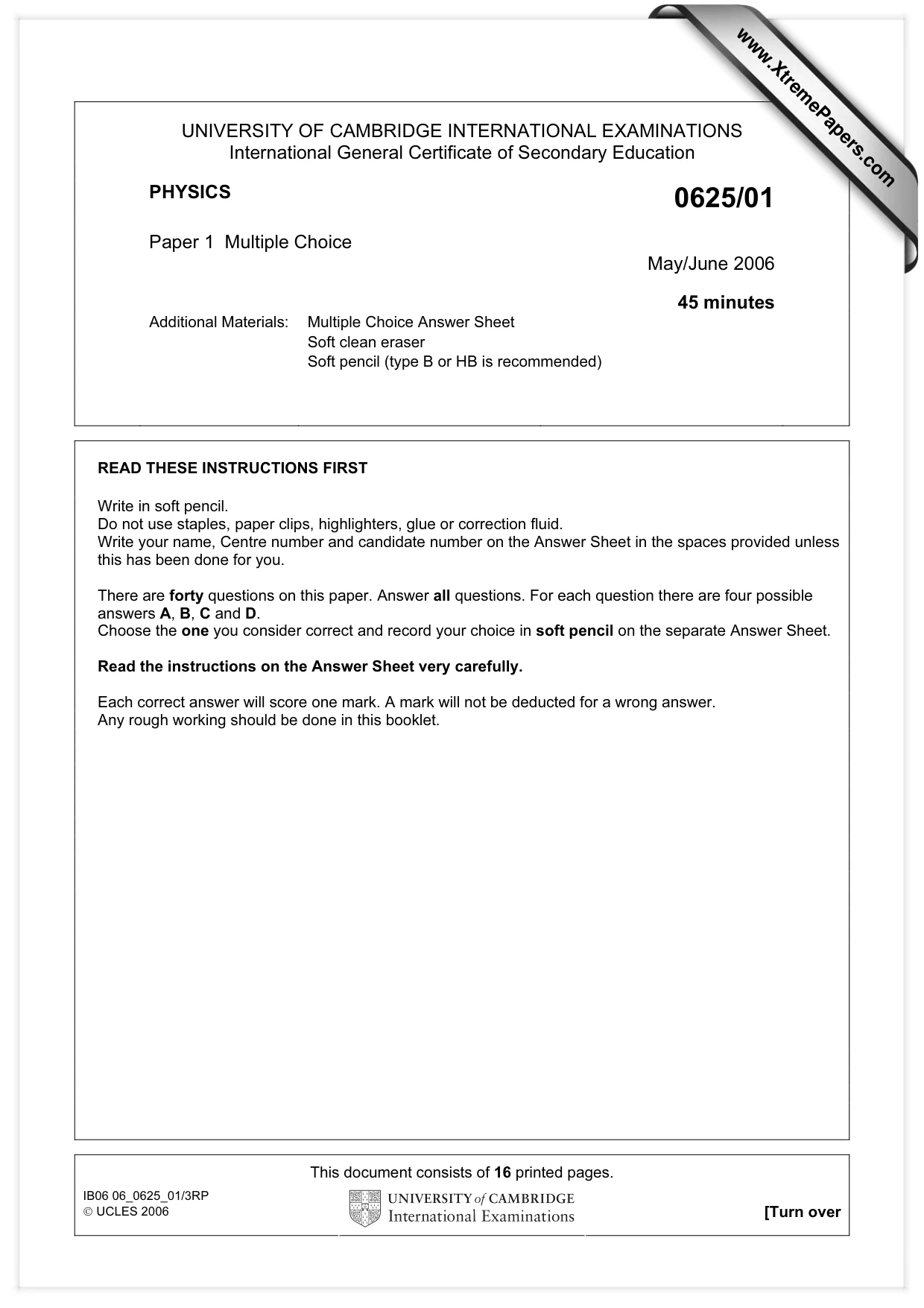 Cambridge IGCSE Physics 0625 2006 May/June Paper 1 · Variant 1 question paper, page 1 of 16