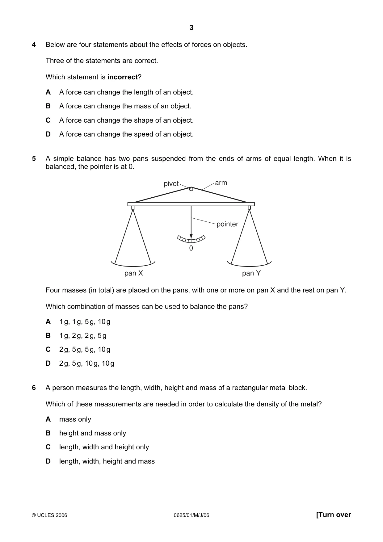 Cambridge IGCSE Physics 0625 2006 May/June Paper 1 · Variant 1 question paper, page 3 of 16