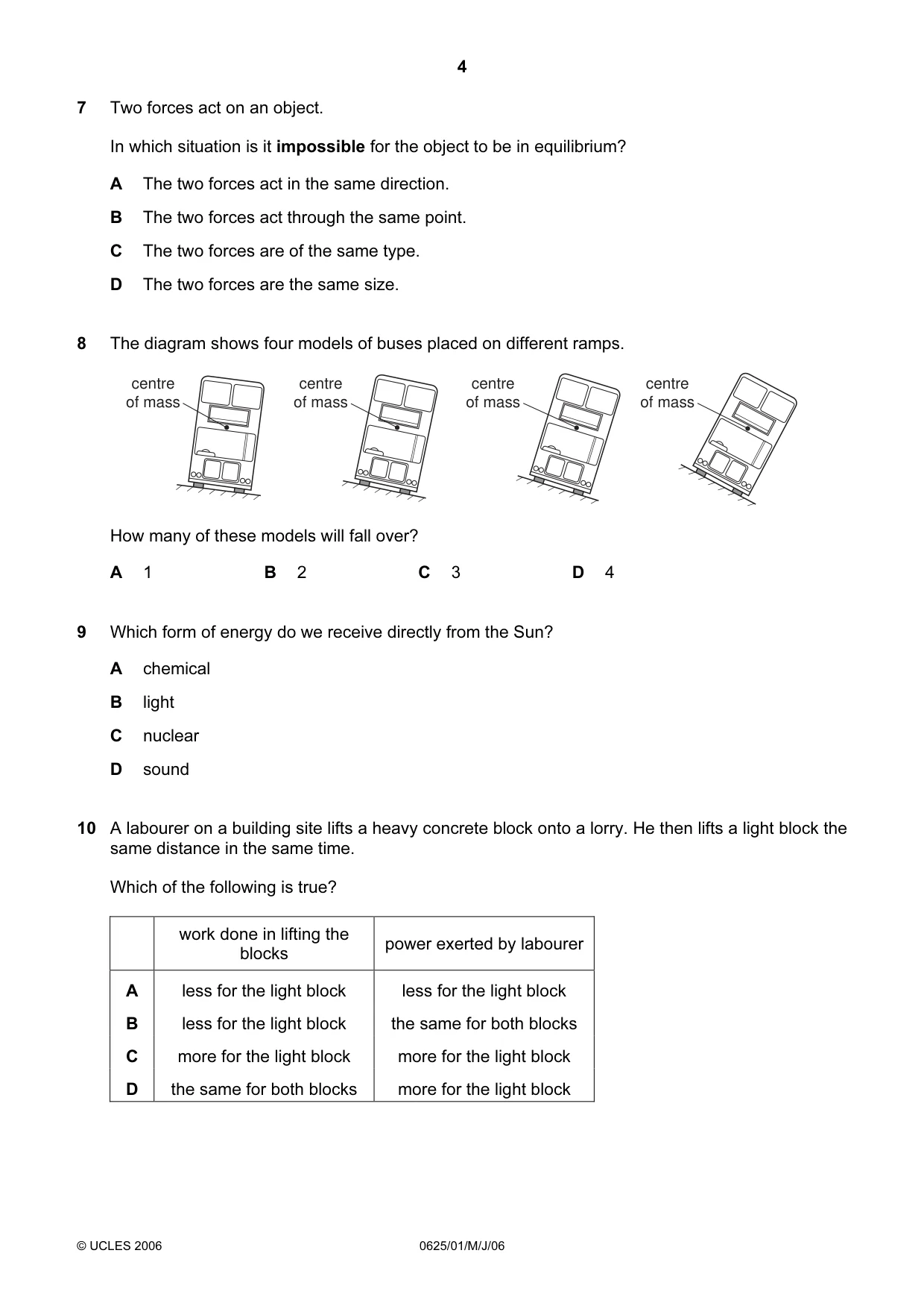 Cambridge IGCSE Physics 0625 2006 May/June Paper 1 · Variant 1 question paper, page 4 of 16