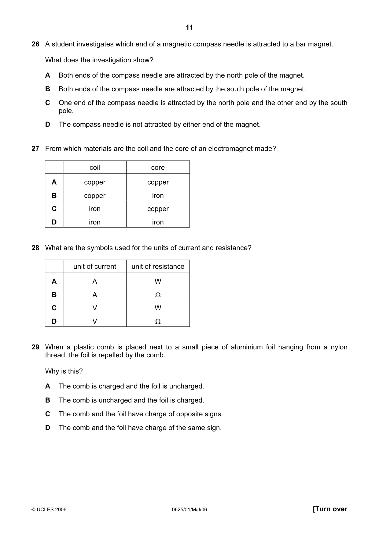Cambridge IGCSE Physics 0625 2006 May/June Paper 1 · Variant 1 question paper, page 11 of 16