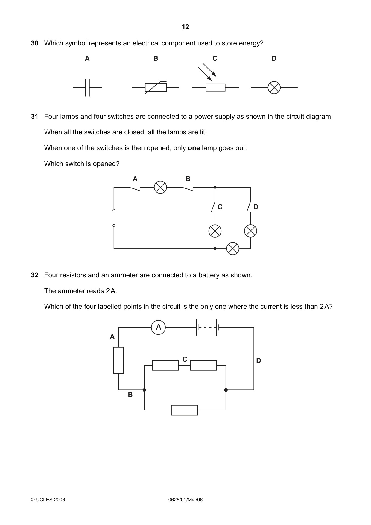 Cambridge IGCSE Physics 0625 2006 May/June Paper 1 · Variant 1 question paper, page 12 of 16