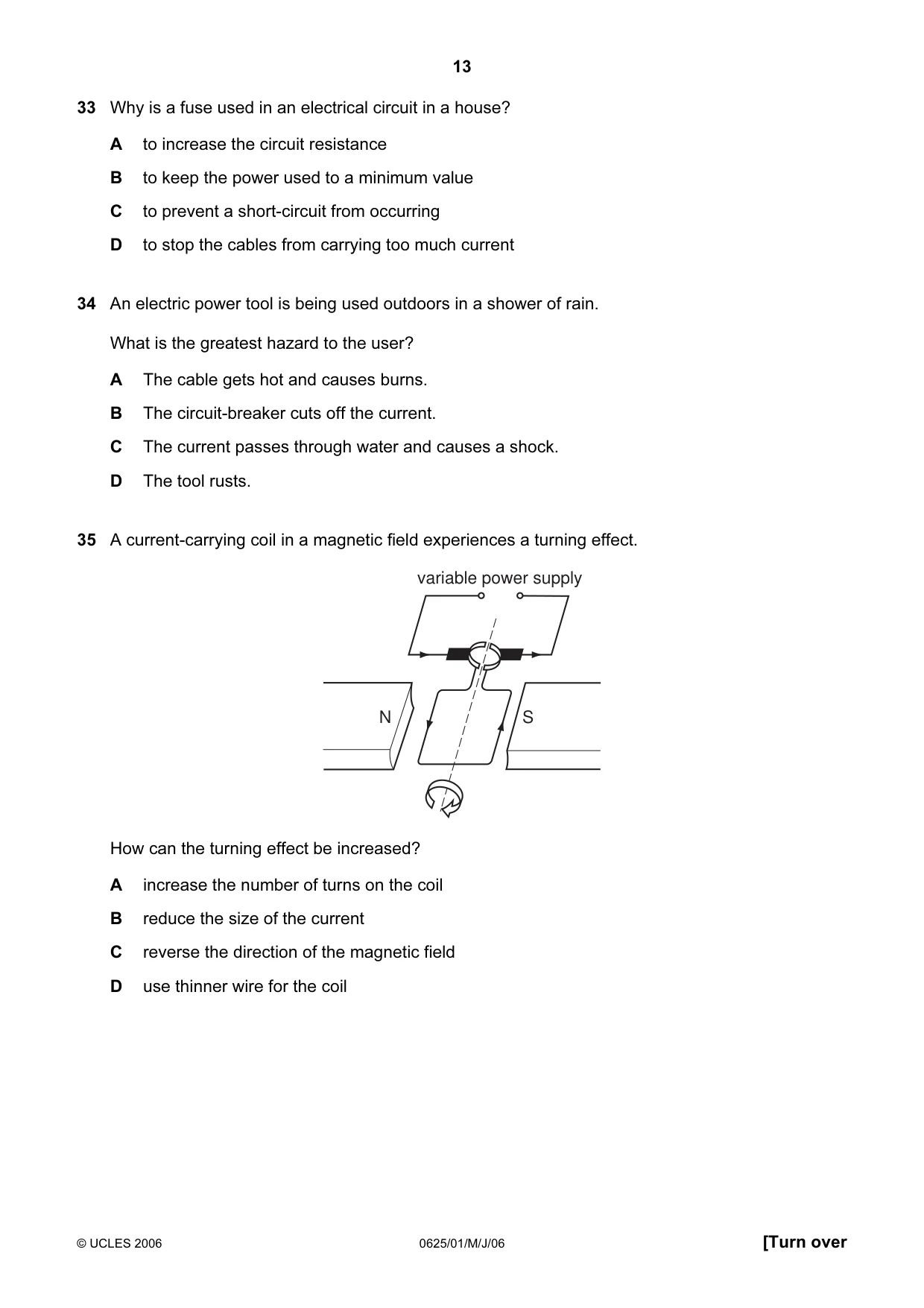 Cambridge IGCSE Physics 0625 2006 May/June Paper 1 · Variant 1 question paper, page 13 of 16