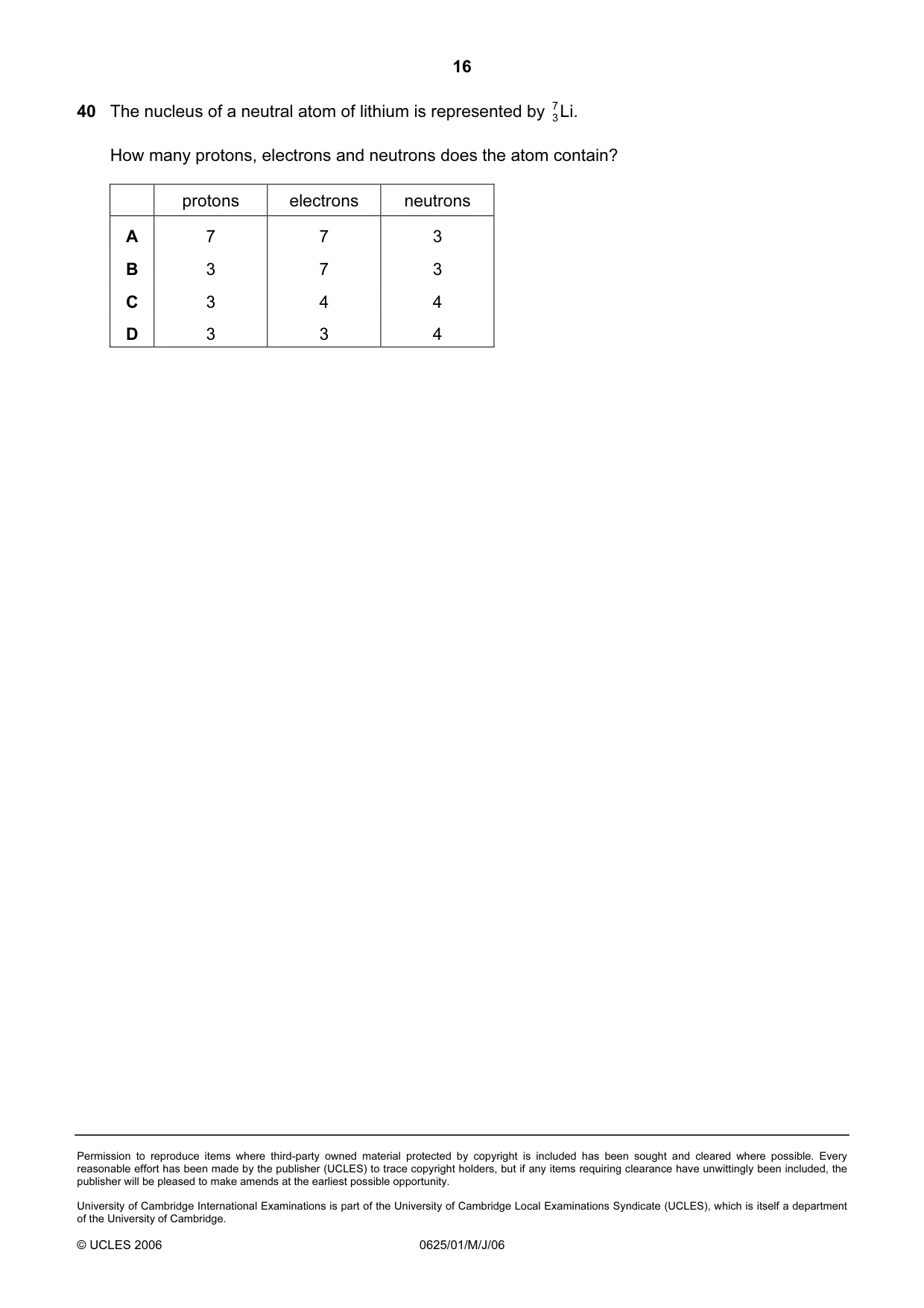 Cambridge IGCSE Physics 0625 2006 May/June Paper 1 · Variant 1 question paper, page 16 of 16