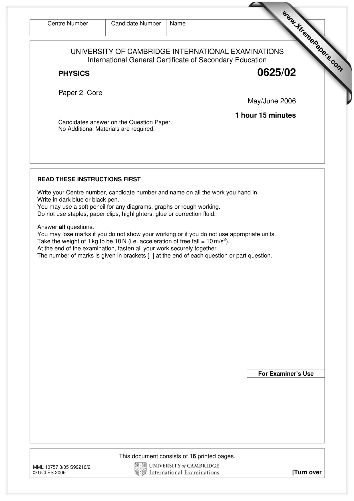 Cambridge IGCSE Physics 0625 2006 May/June Paper 2 · Variant 1 question paper, page 1 of 16