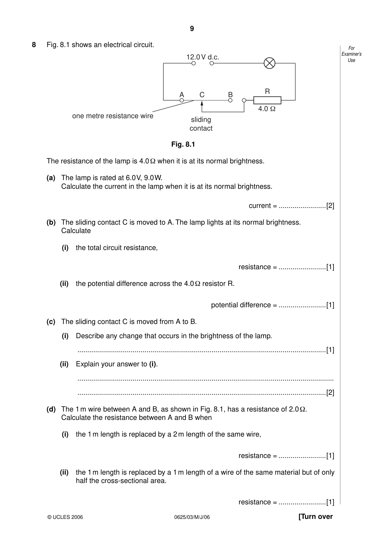 Cambridge IGCSE Physics 0625 2006 May/June Paper 3 · Variant 1 question paper, page 9 of 12