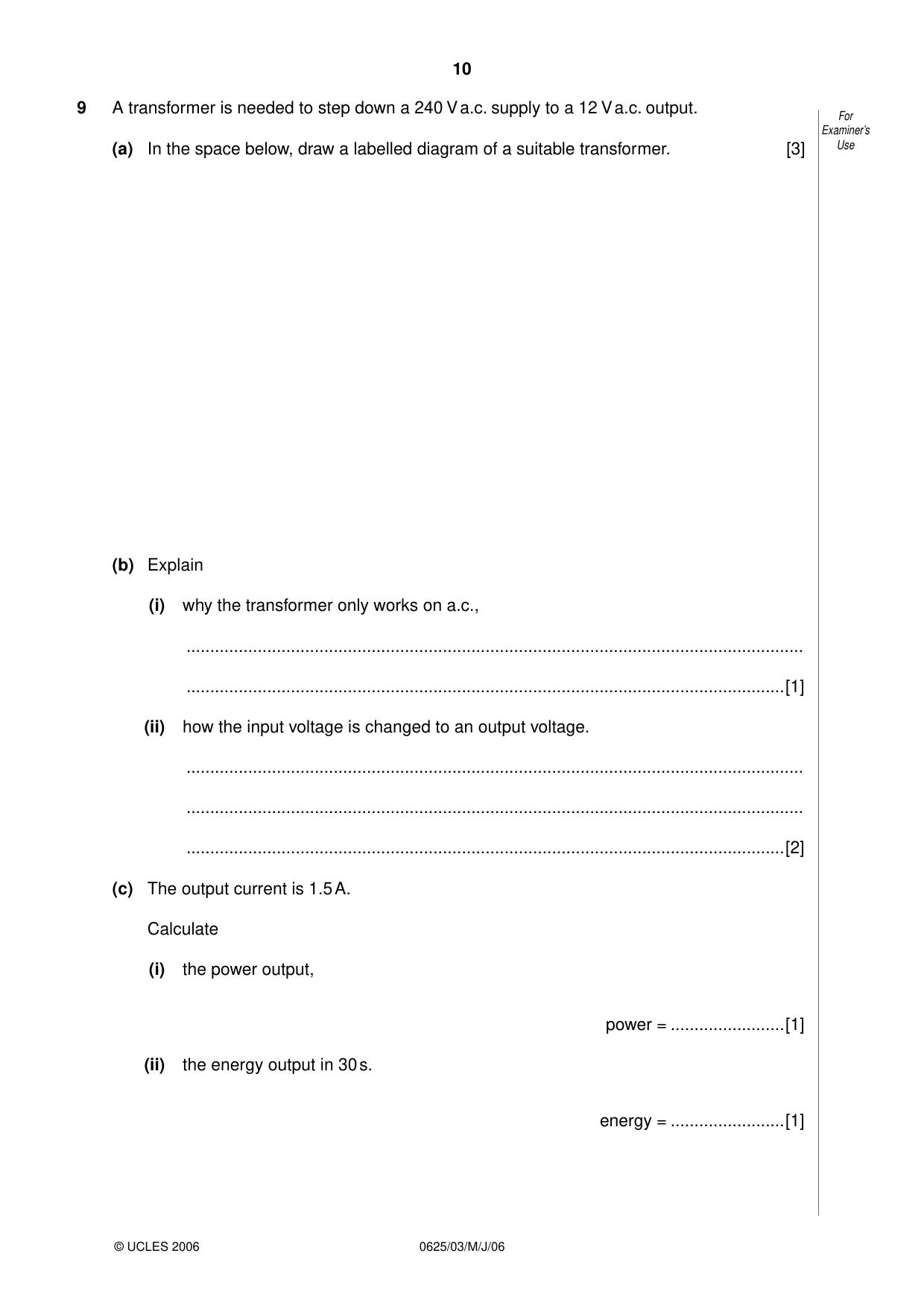 Cambridge IGCSE Physics 0625 2006 May/June Paper 3 · Variant 1 question paper, page 10 of 12