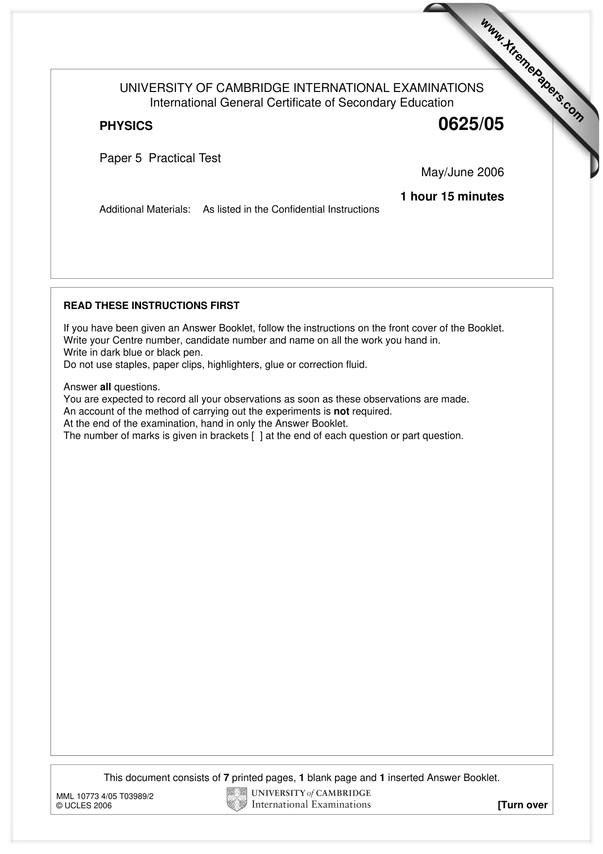 Cambridge IGCSE Physics 0625 2006 May/June Paper 5 · Variant 1 question paper, page 1 of 8
