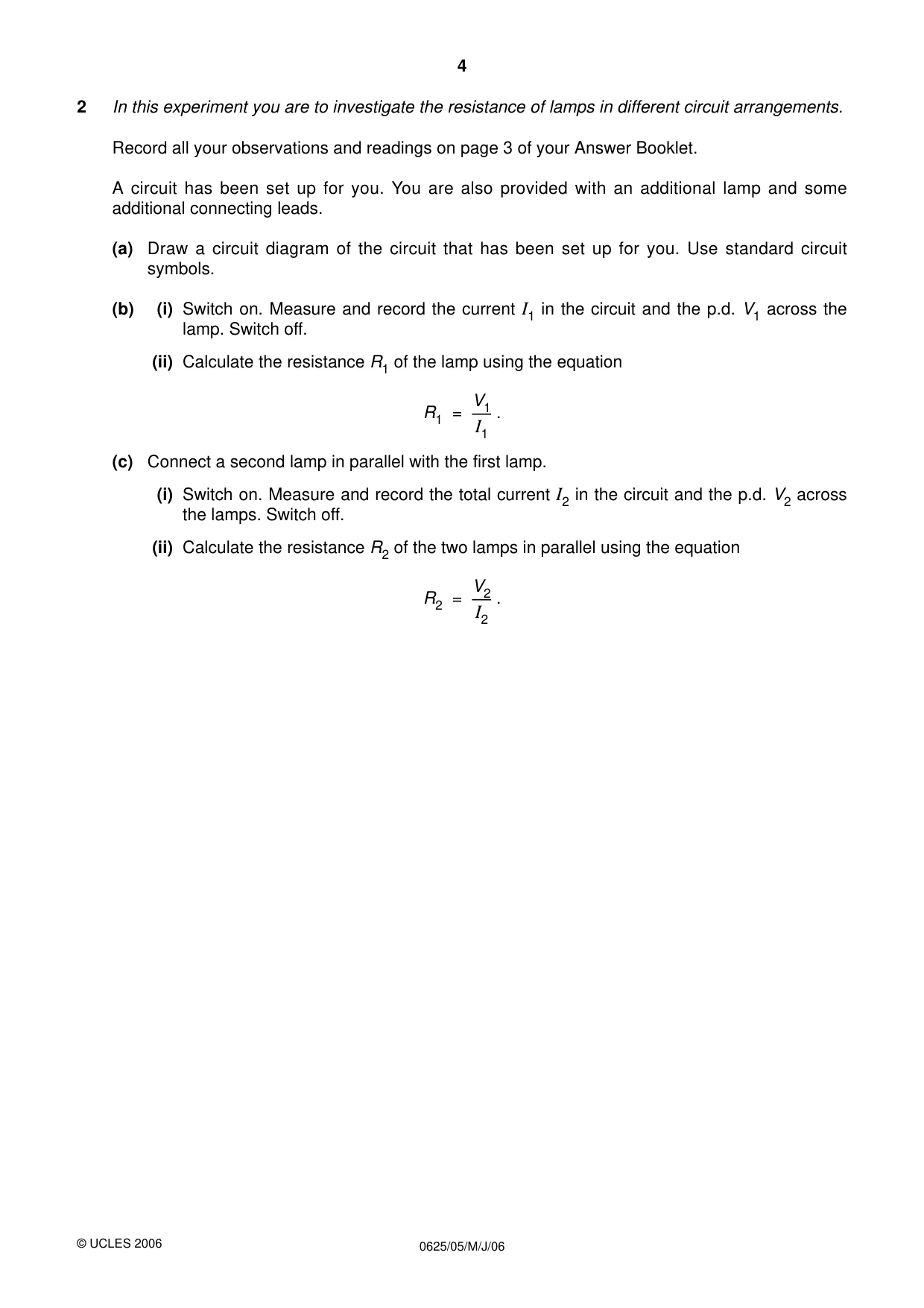 Cambridge IGCSE Physics 0625 2006 May/June Paper 5 · Variant 1 question paper, page 4 of 8