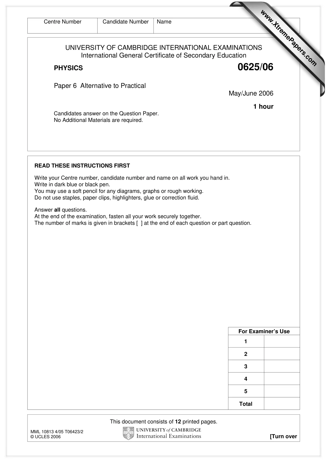 Cambridge IGCSE Physics 0625 2006 May/June Paper 6 · Variant 1 question paper, page 1 of 12