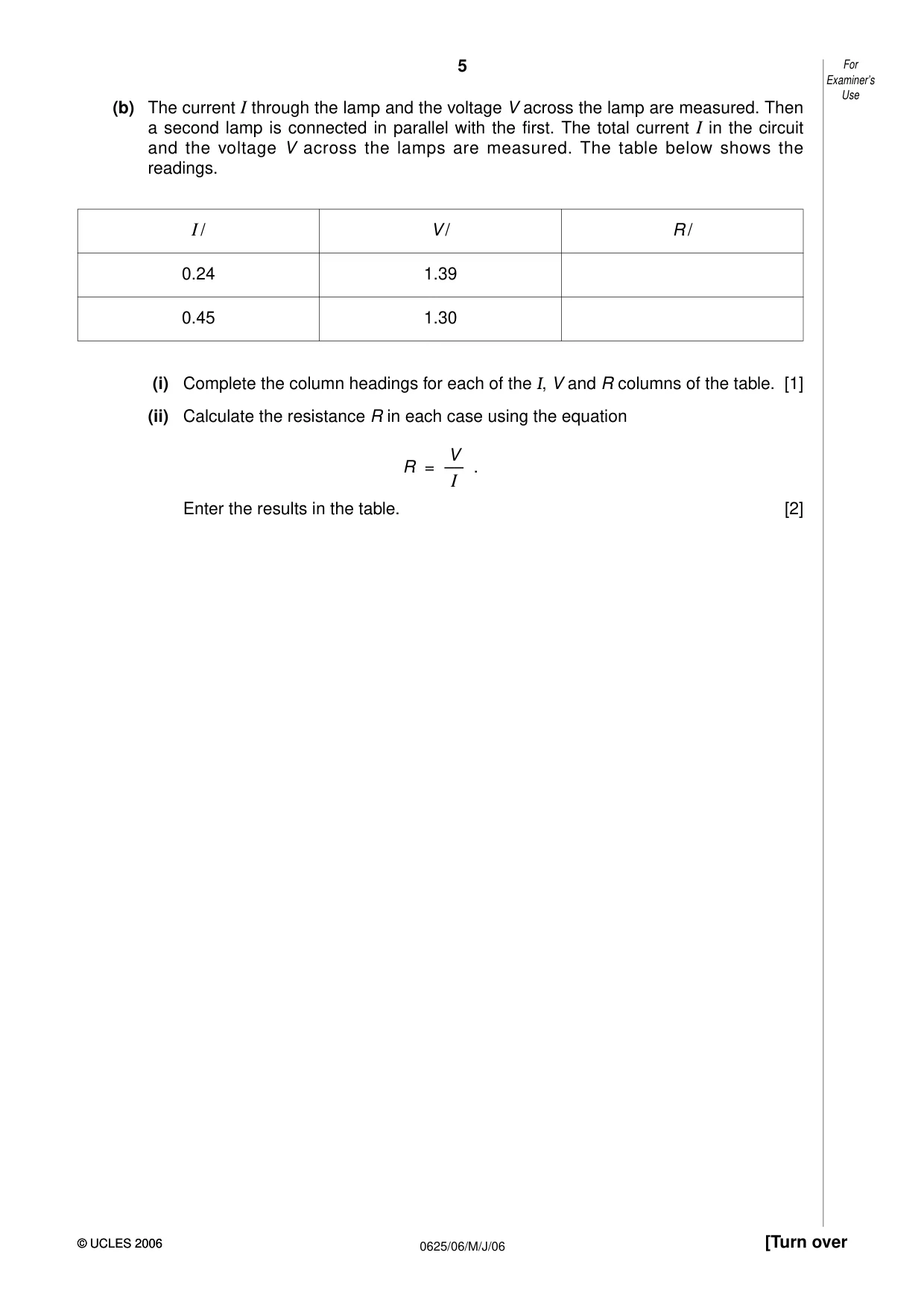 Cambridge IGCSE Physics 0625 2006 May/June Paper 6 · Variant 1 question paper, page 5 of 12