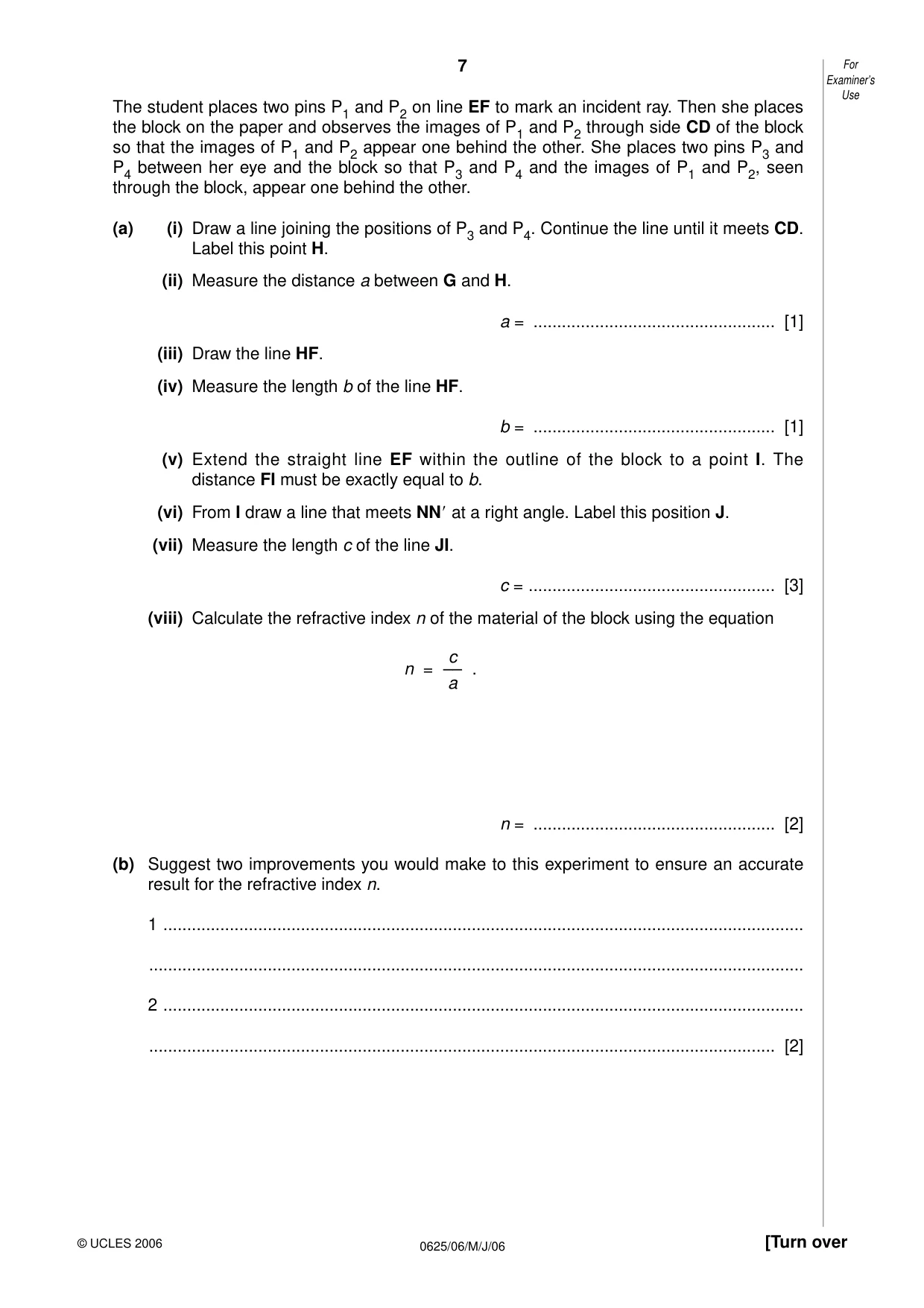 Cambridge IGCSE Physics 0625 2006 May/June Paper 6 · Variant 1 question paper, page 7 of 12
