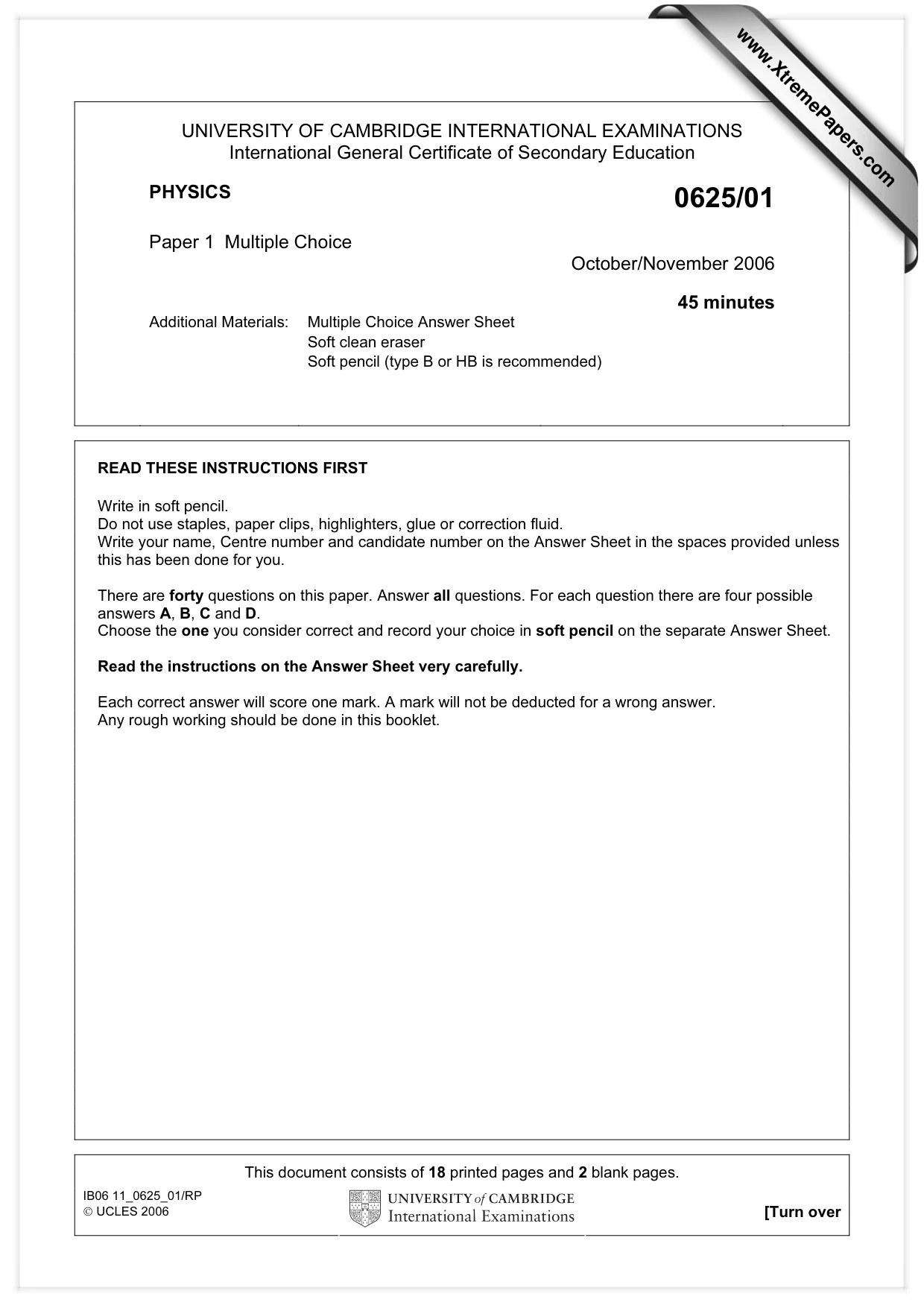 Cambridge IGCSE Physics 0625 2006 Oct/Nov Paper 1 · Variant 1 question paper, page 1 of 20