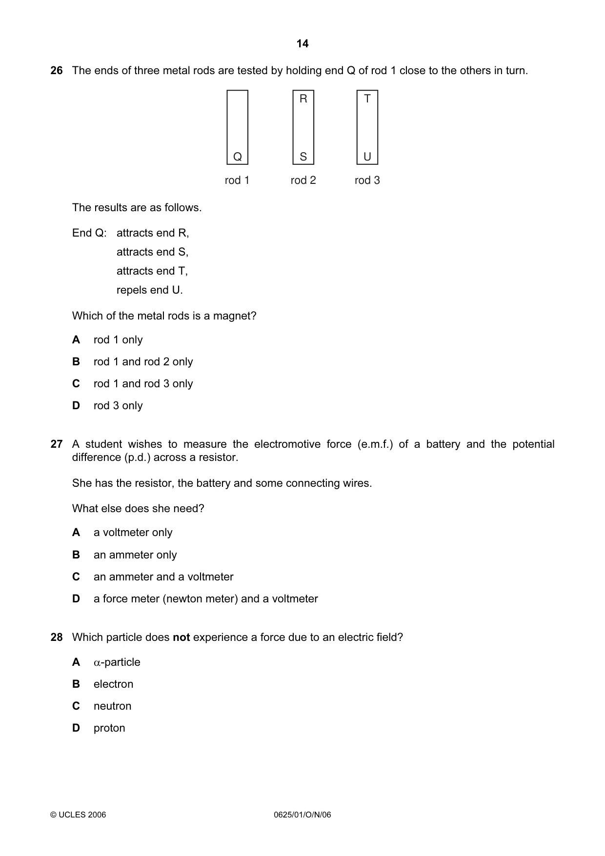 Cambridge IGCSE Physics 0625 2006 Oct/Nov Paper 1 · Variant 1 question paper, page 14 of 20