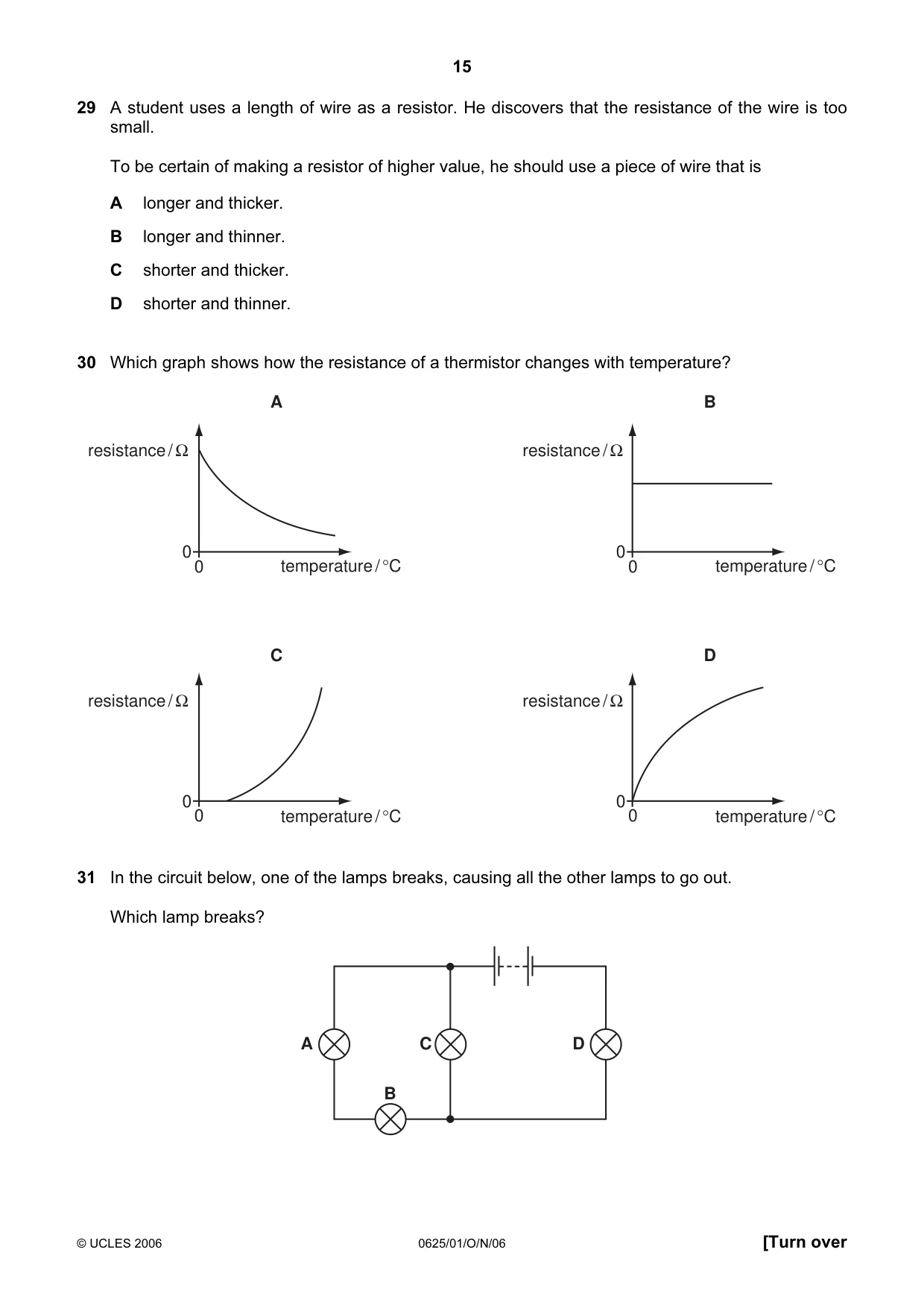 Cambridge IGCSE Physics 0625 2006 Oct/Nov Paper 1 · Variant 1 question paper, page 15 of 20