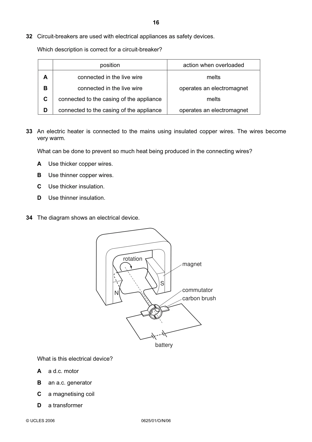 Cambridge IGCSE Physics 0625 2006 Oct/Nov Paper 1 · Variant 1 question paper, page 16 of 20
