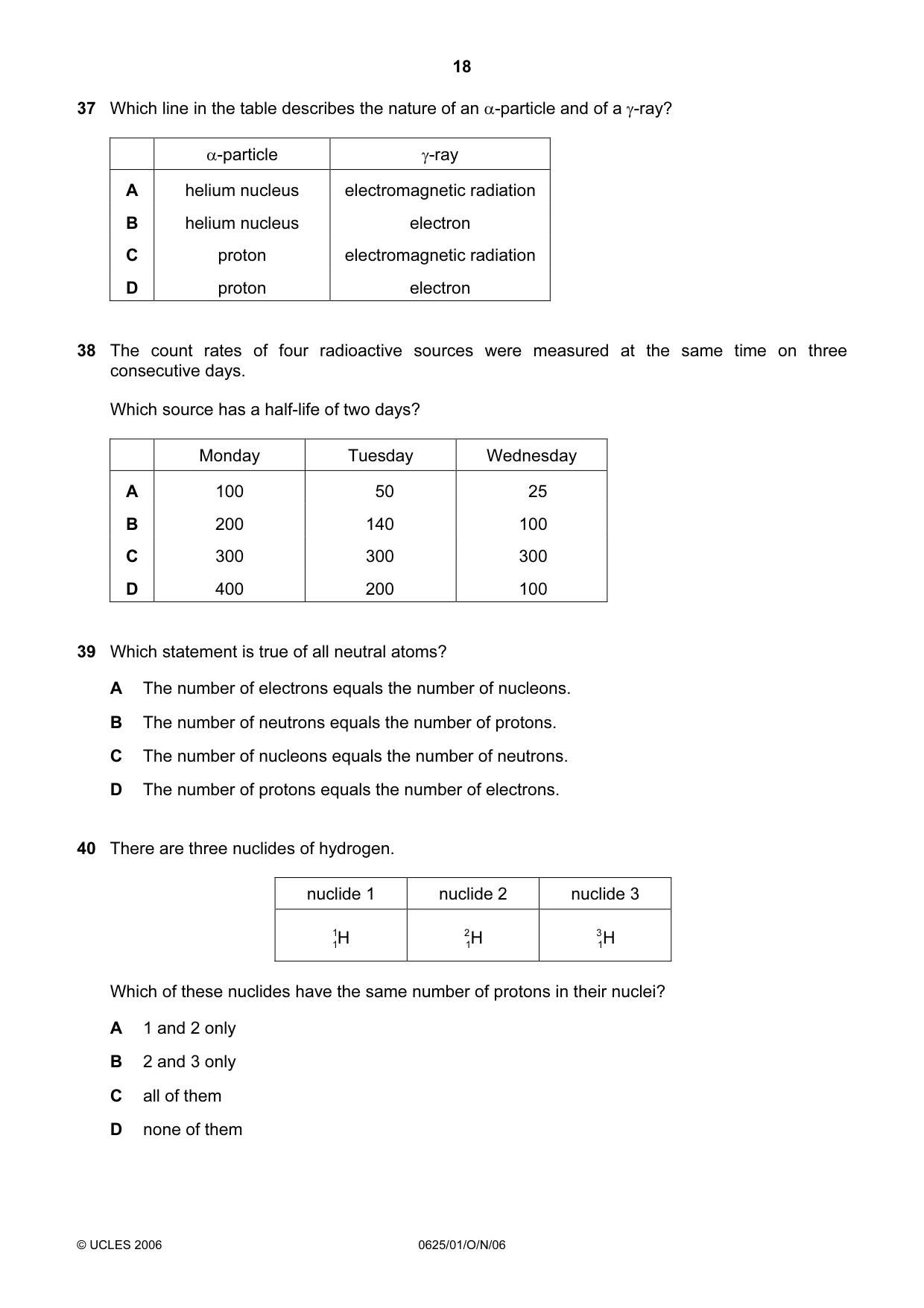 Cambridge IGCSE Physics 0625 2006 Oct/Nov Paper 1 · Variant 1 question paper, page 18 of 20