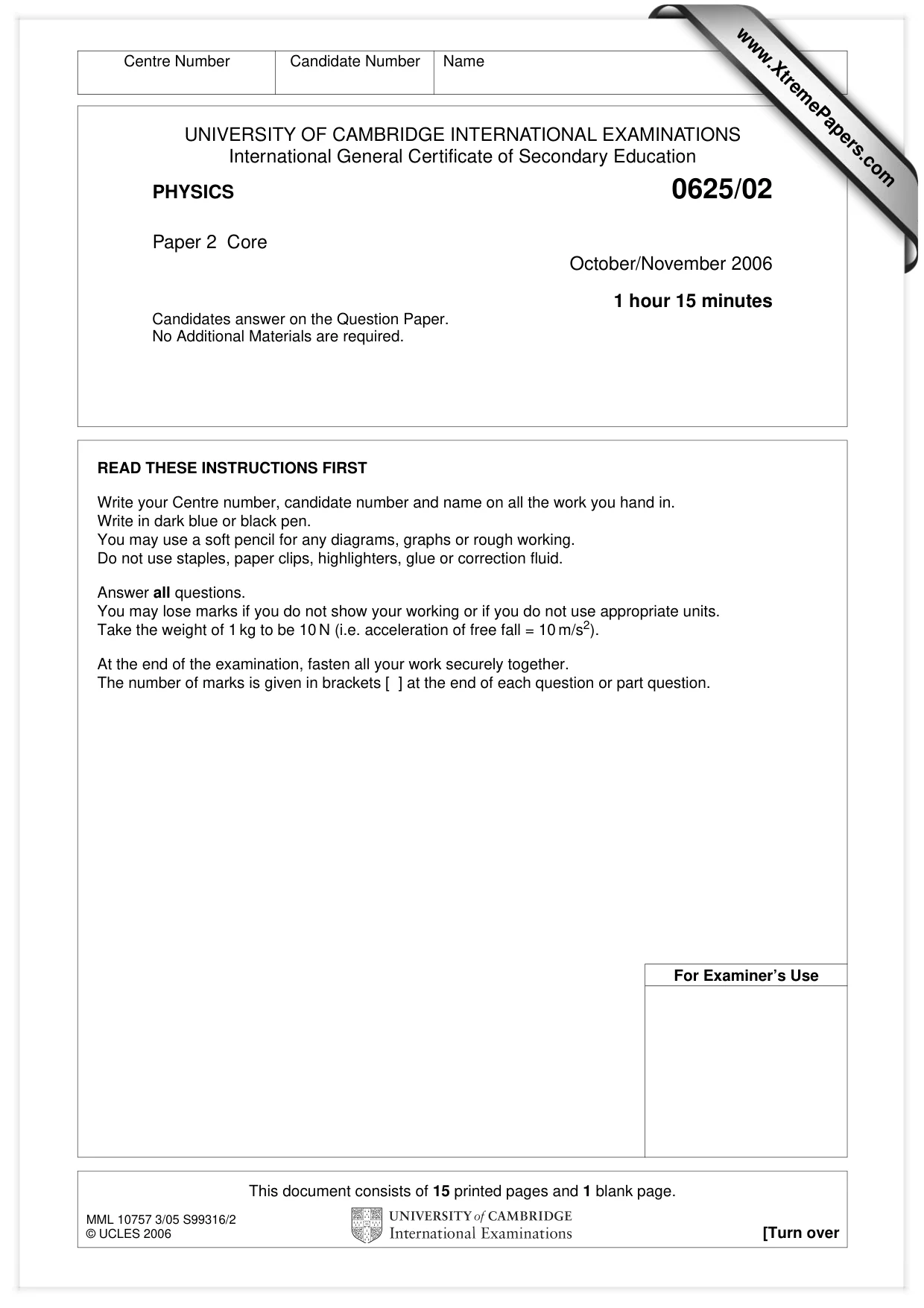 Cambridge IGCSE Physics 0625 2006 Oct/Nov Paper 2 · Variant 1 question paper, page 1 of 16