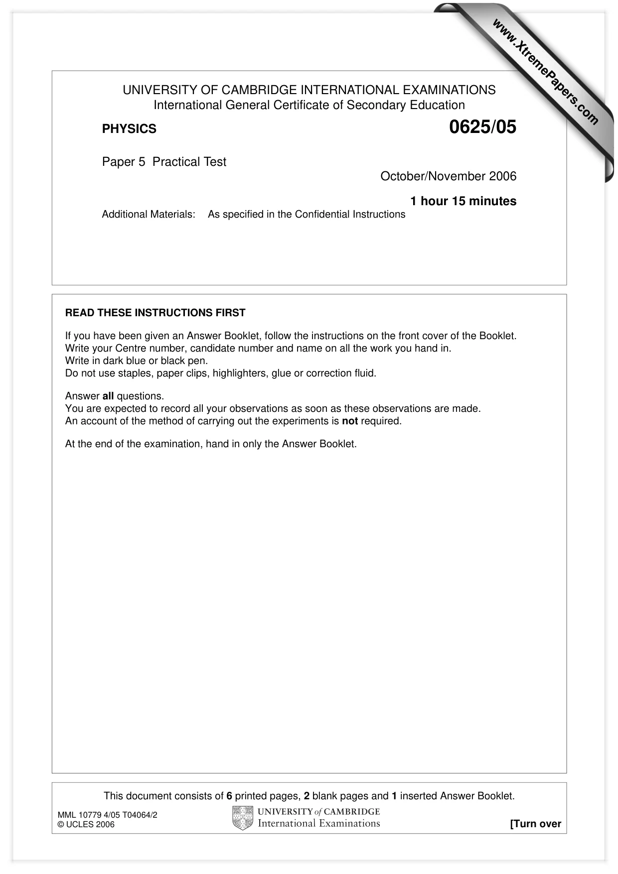 Cambridge IGCSE Physics 0625 2006 Oct/Nov Paper 5 · Variant 1 question paper, page 1 of 8