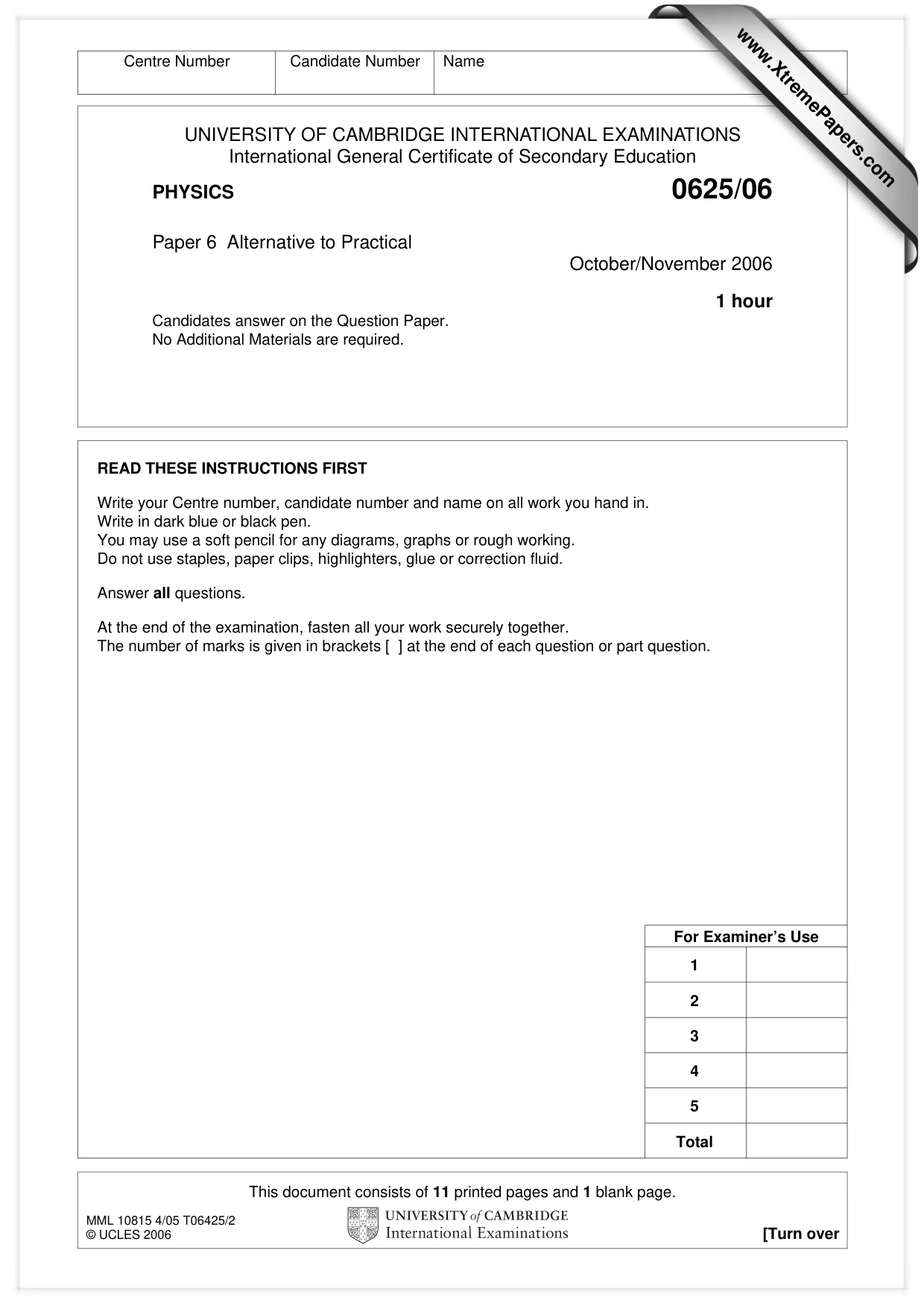 Cambridge IGCSE Physics 0625 2006 Oct/Nov Paper 6 · Variant 1 question paper, page 1 of 12