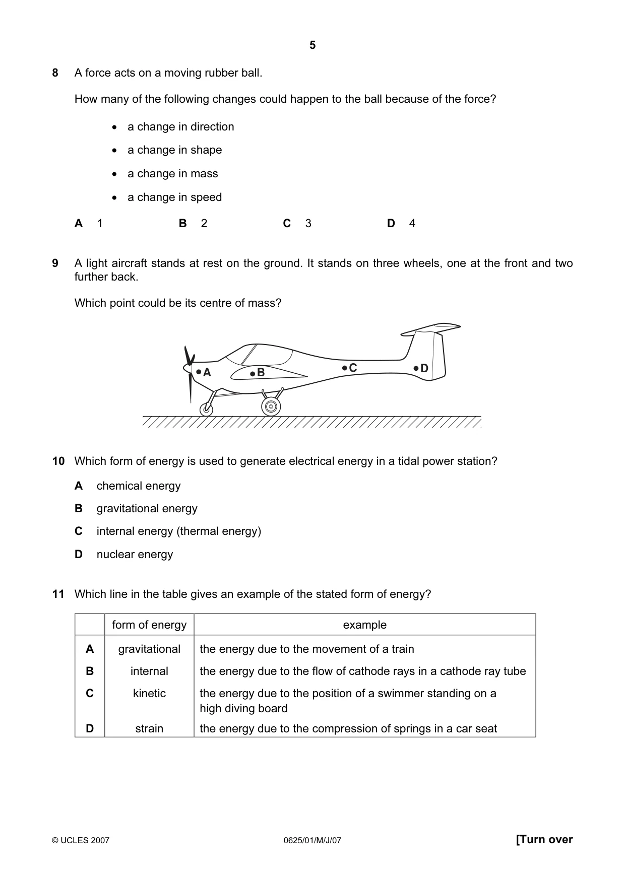 Cambridge IGCSE Physics 0625 2007 May/June Paper 1 · Variant 1 question paper, page 5 of 20