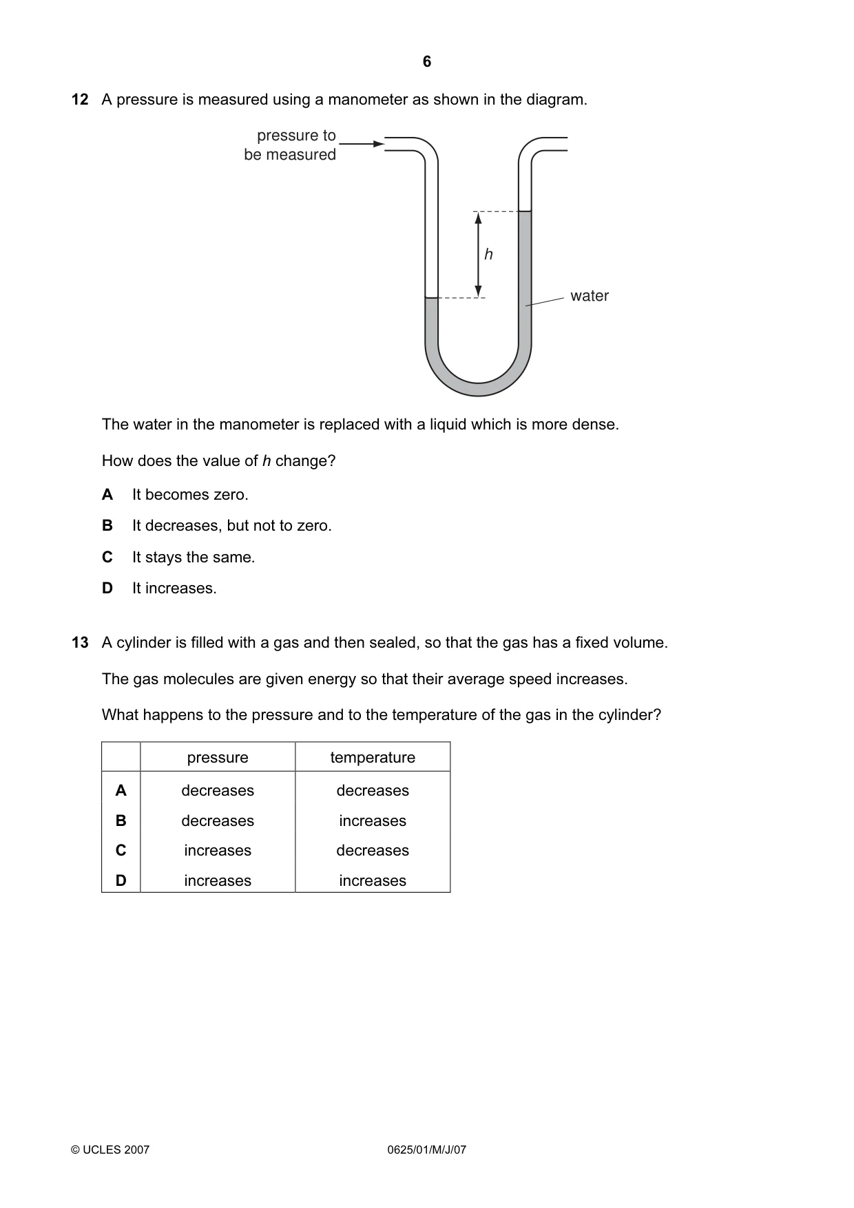 Cambridge IGCSE Physics 0625 2007 May/June Paper 1 · Variant 1 question paper, page 6 of 20