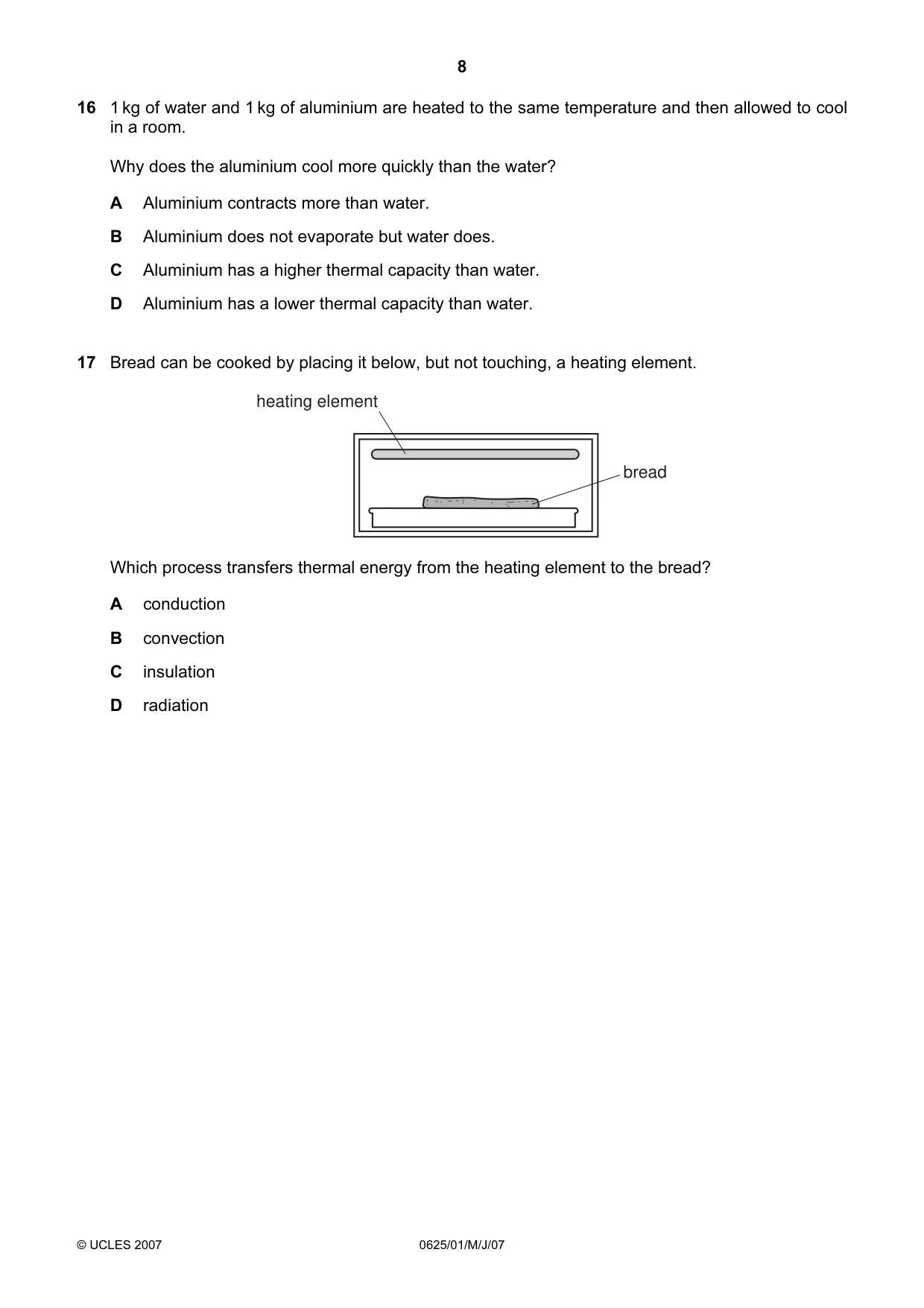 Cambridge IGCSE Physics 0625 2007 May/June Paper 1 · Variant 1 question paper, page 8 of 20