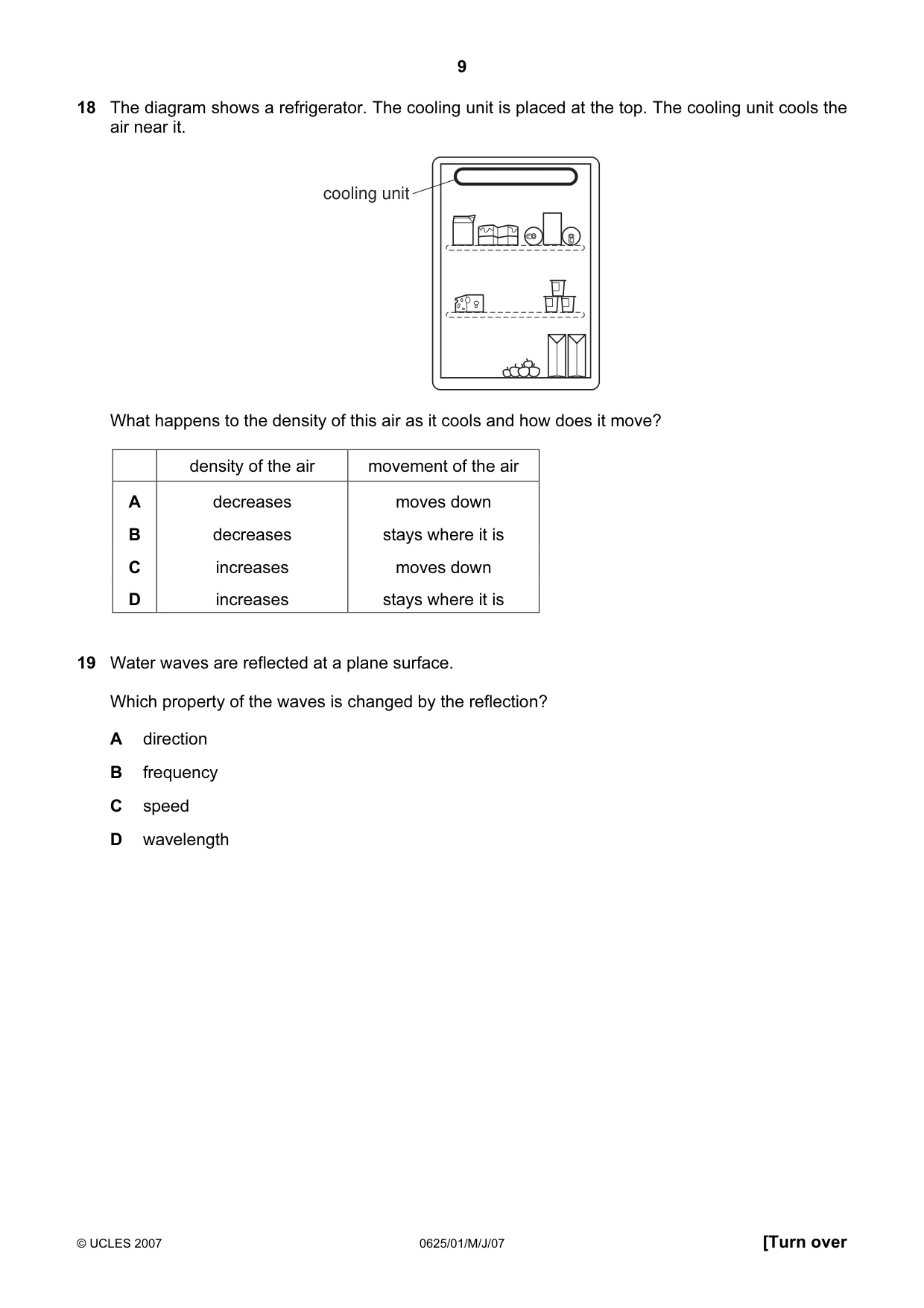 Cambridge IGCSE Physics 0625 2007 May/June Paper 1 · Variant 1 question paper, page 9 of 20
