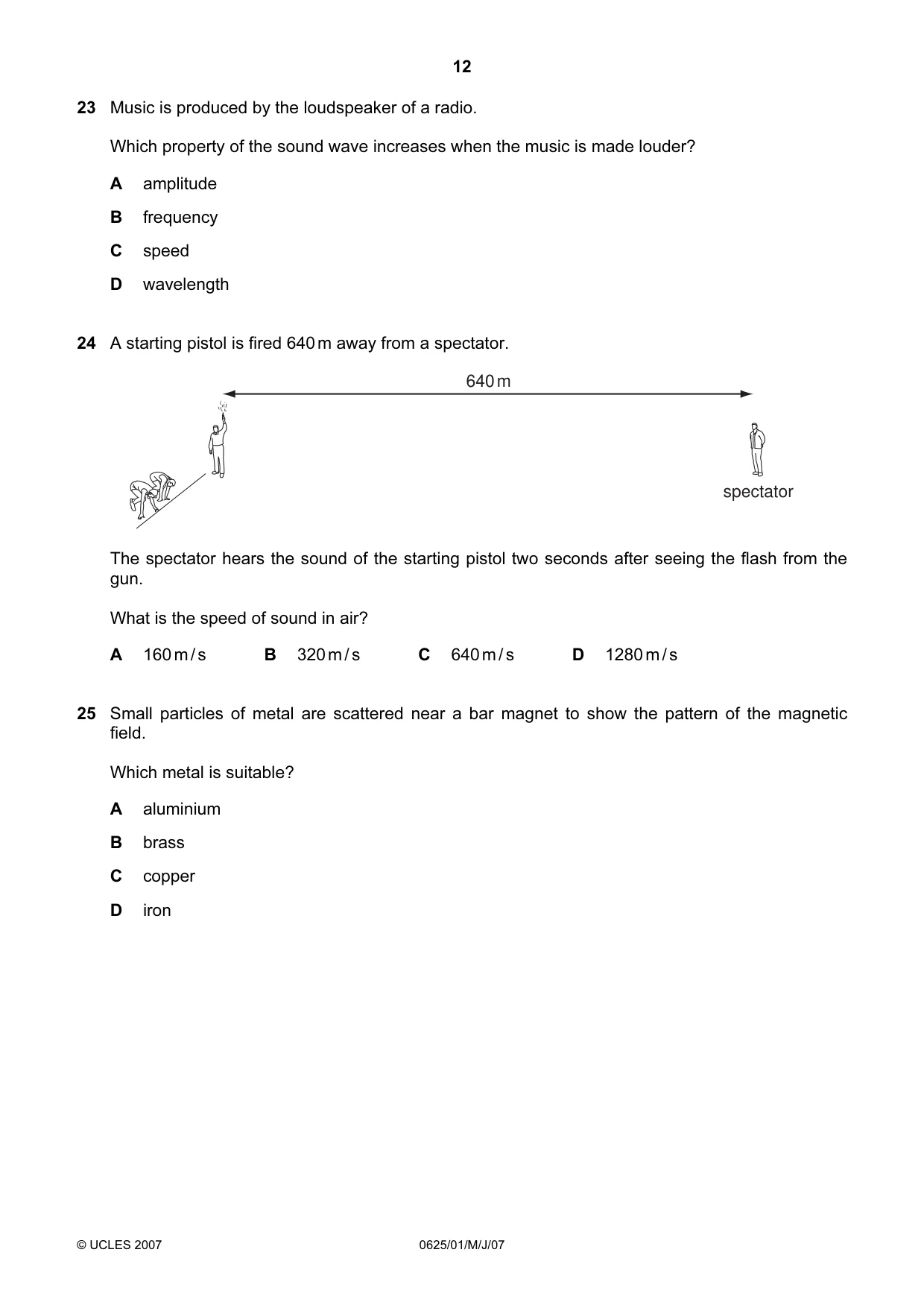Cambridge IGCSE Physics 0625 2007 May/June Paper 1 · Variant 1 question paper, page 12 of 20