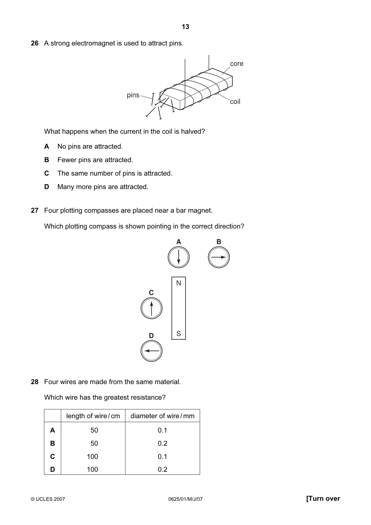 Cambridge IGCSE Physics 0625 2007 May/June Paper 1 · Variant 1 question paper, page 13 of 20