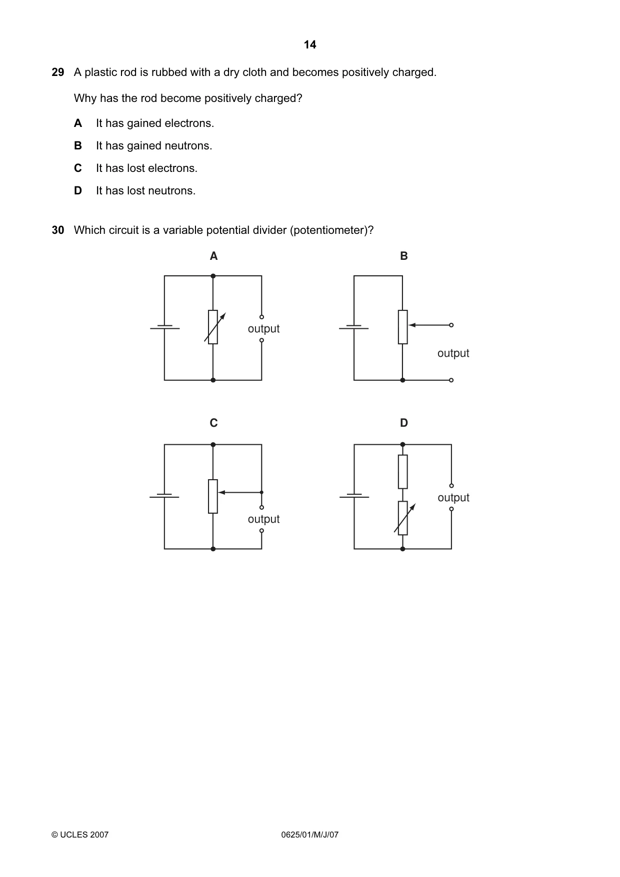 Cambridge IGCSE Physics 0625 2007 May/June Paper 1 · Variant 1 question paper, page 14 of 20
