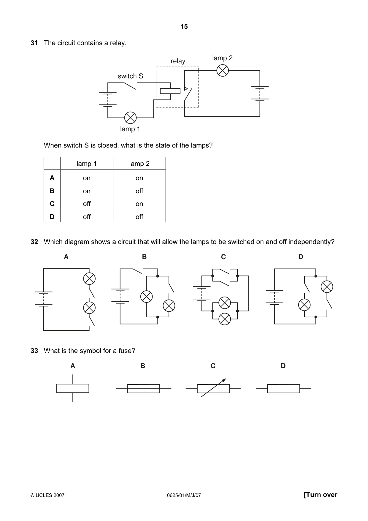 Cambridge IGCSE Physics 0625 2007 May/June Paper 1 · Variant 1 question paper, page 15 of 20
