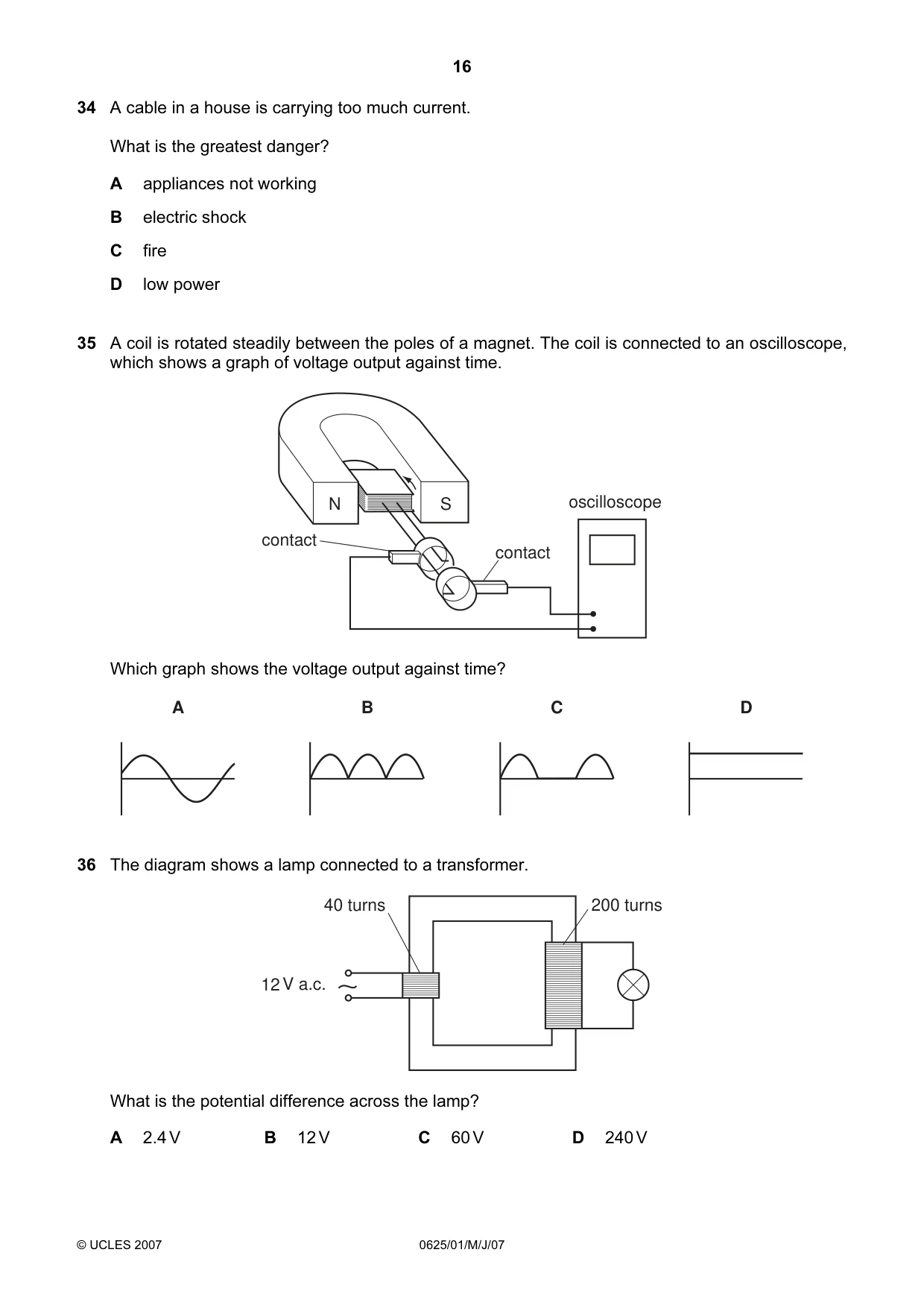 Cambridge IGCSE Physics 0625 2007 May/June Paper 1 · Variant 1 question paper, page 16 of 20