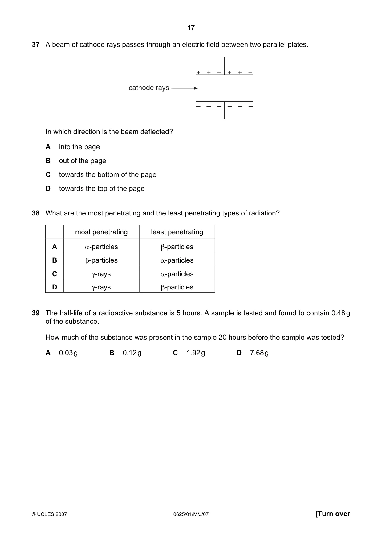 Cambridge IGCSE Physics 0625 2007 May/June Paper 1 · Variant 1 question paper, page 17 of 20