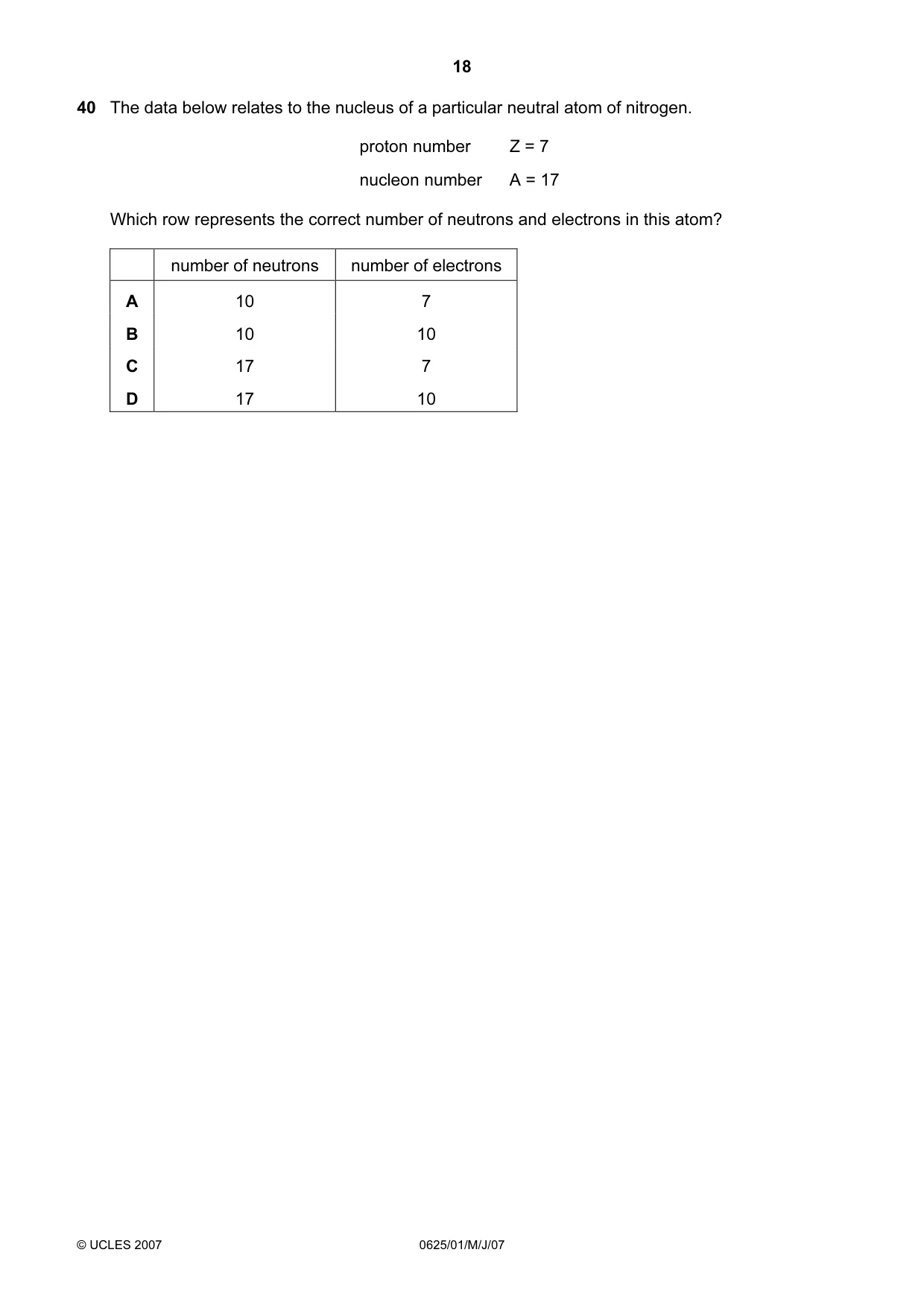 Cambridge IGCSE Physics 0625 2007 May/June Paper 1 · Variant 1 question paper, page 18 of 20