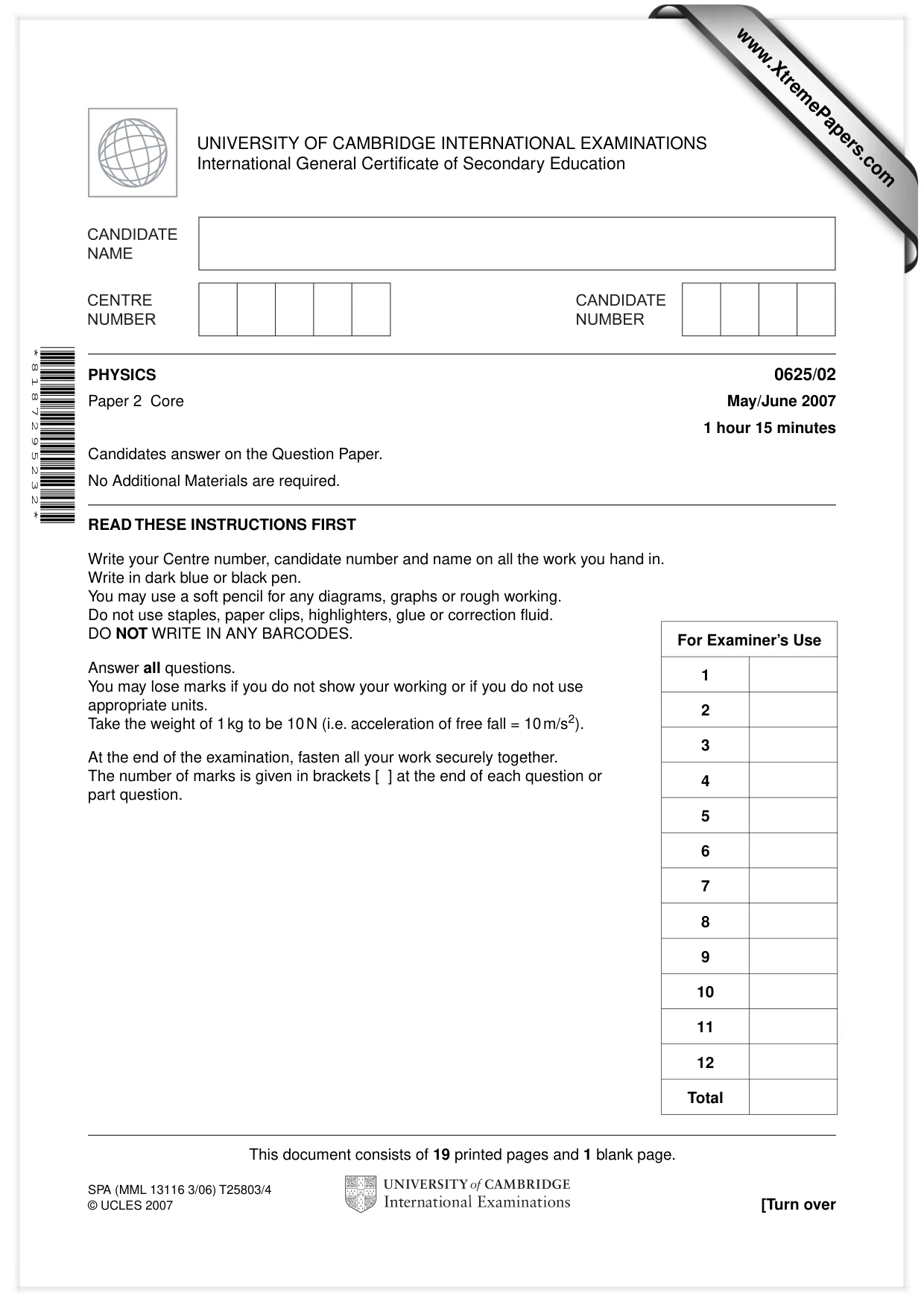 Cambridge IGCSE Physics 0625 2007 May/June Paper 2 · Variant 1 question paper, page 1 of 20