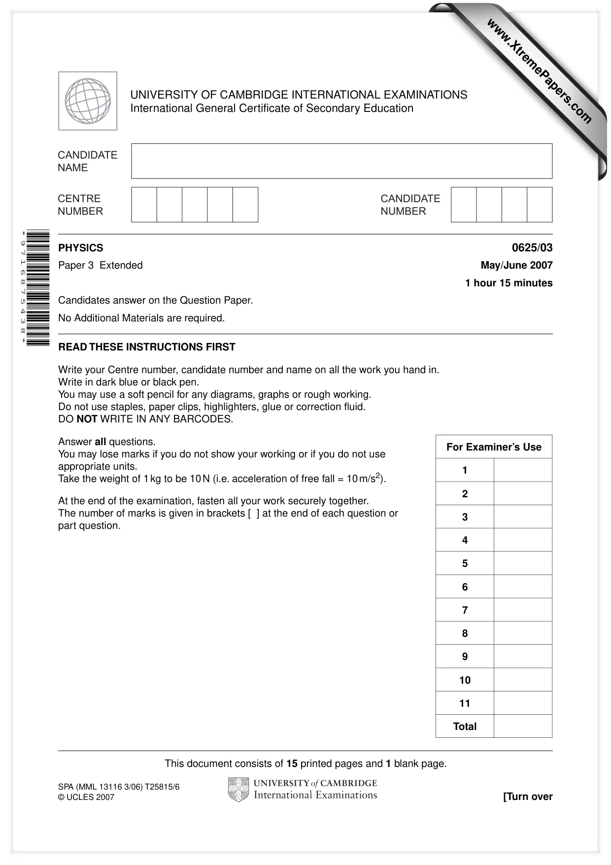 Cambridge IGCSE Physics 0625 2007 May/June Paper 3 · Variant 1 question paper, page 1 of 16