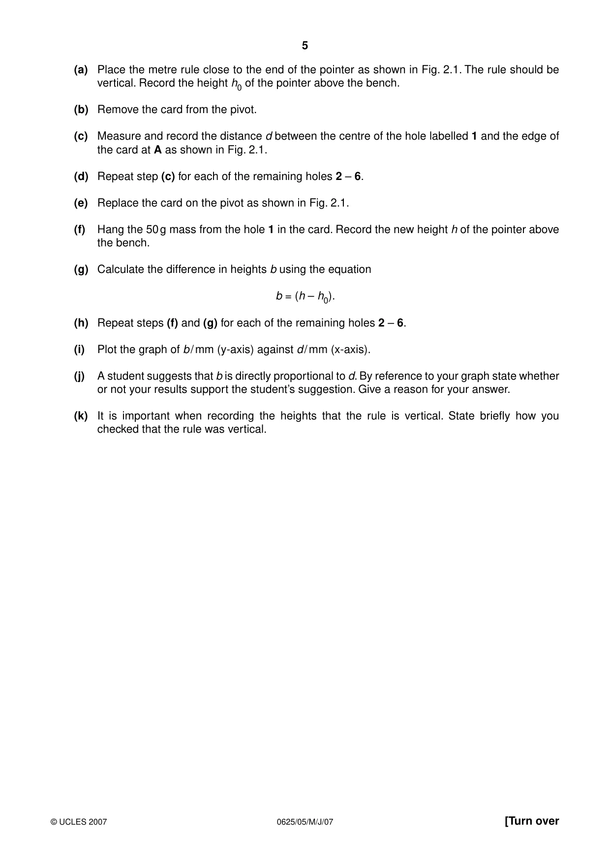 Cambridge IGCSE Physics 0625 2007 May/June Paper 5 · Variant 1 question paper, page 5 of 8
