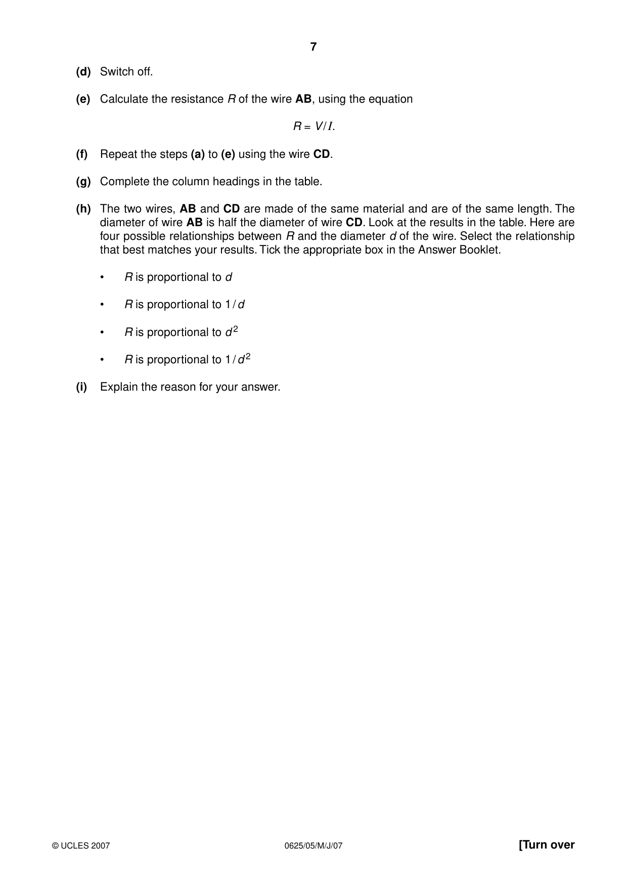 Cambridge IGCSE Physics 0625 2007 May/June Paper 5 · Variant 1 question paper, page 7 of 8