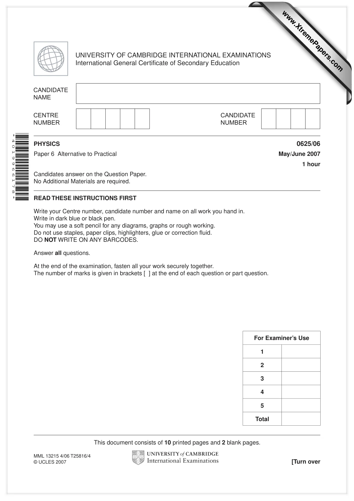 Cambridge IGCSE Physics 0625 2007 May/June Paper 6 · Variant 1 question paper, page 1 of 12