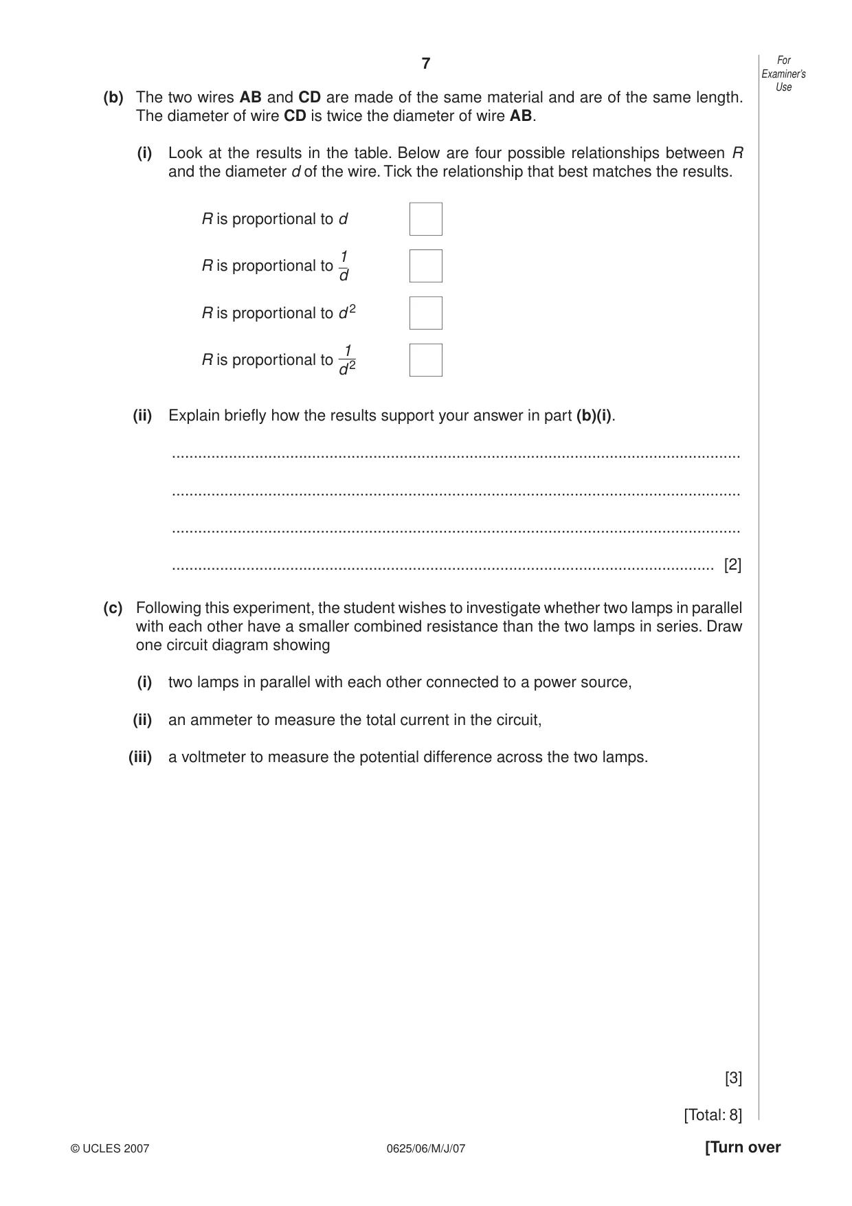 Cambridge IGCSE Physics 0625 2007 May/June Paper 6 · Variant 1 question paper, page 7 of 12