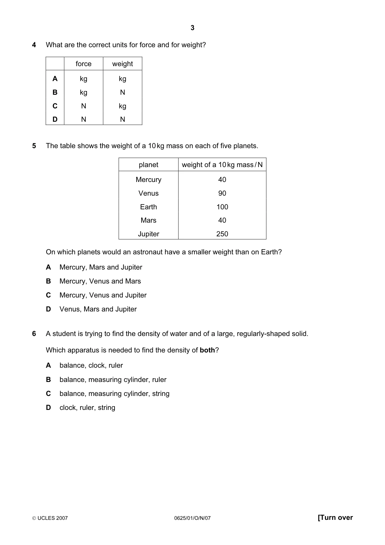 Cambridge IGCSE Physics 0625 2007 Oct/Nov Paper 1 · Variant 1 question paper, page 3 of 20