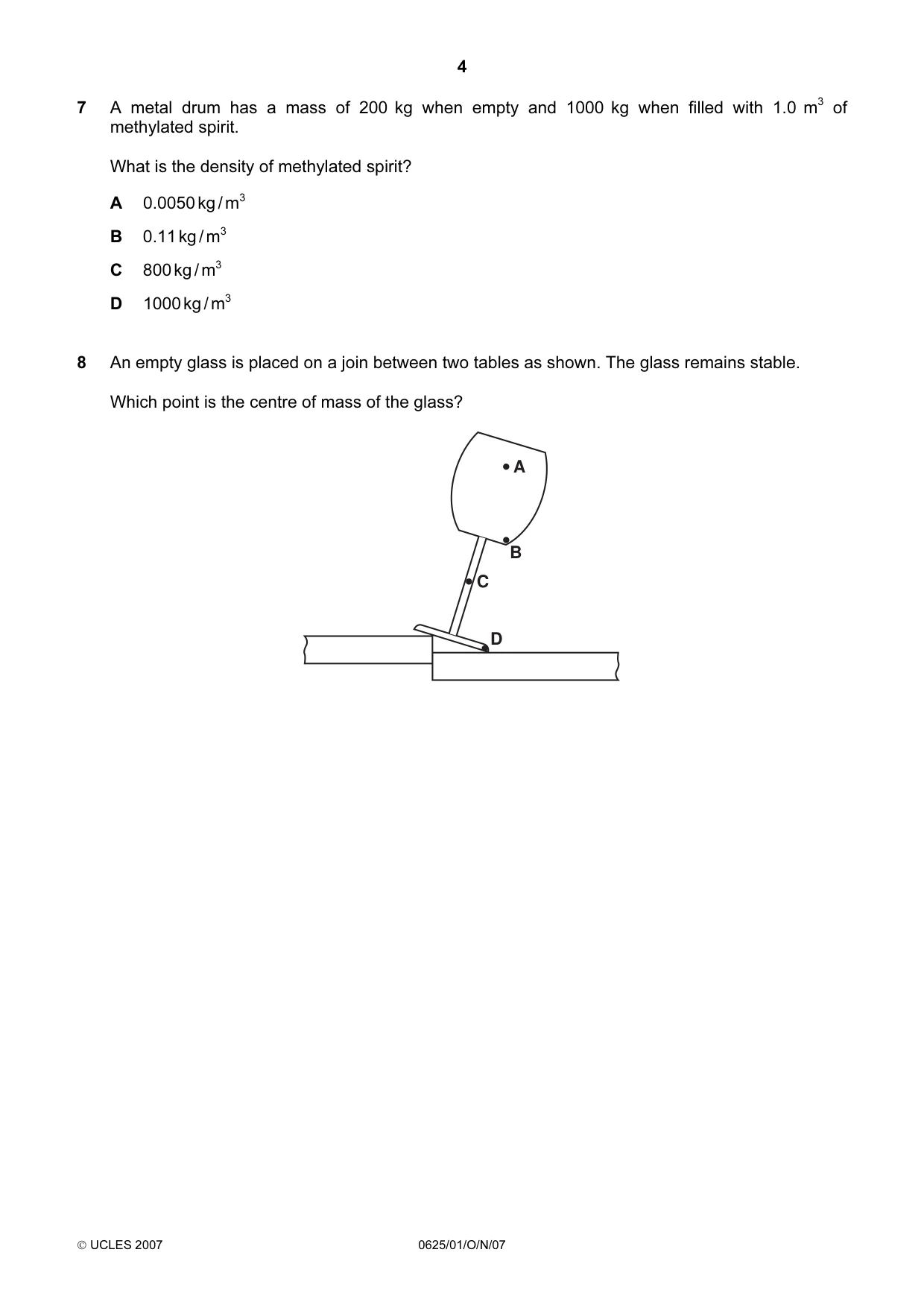 Cambridge IGCSE Physics 0625 2007 Oct/Nov Paper 1 · Variant 1 question paper, page 4 of 20