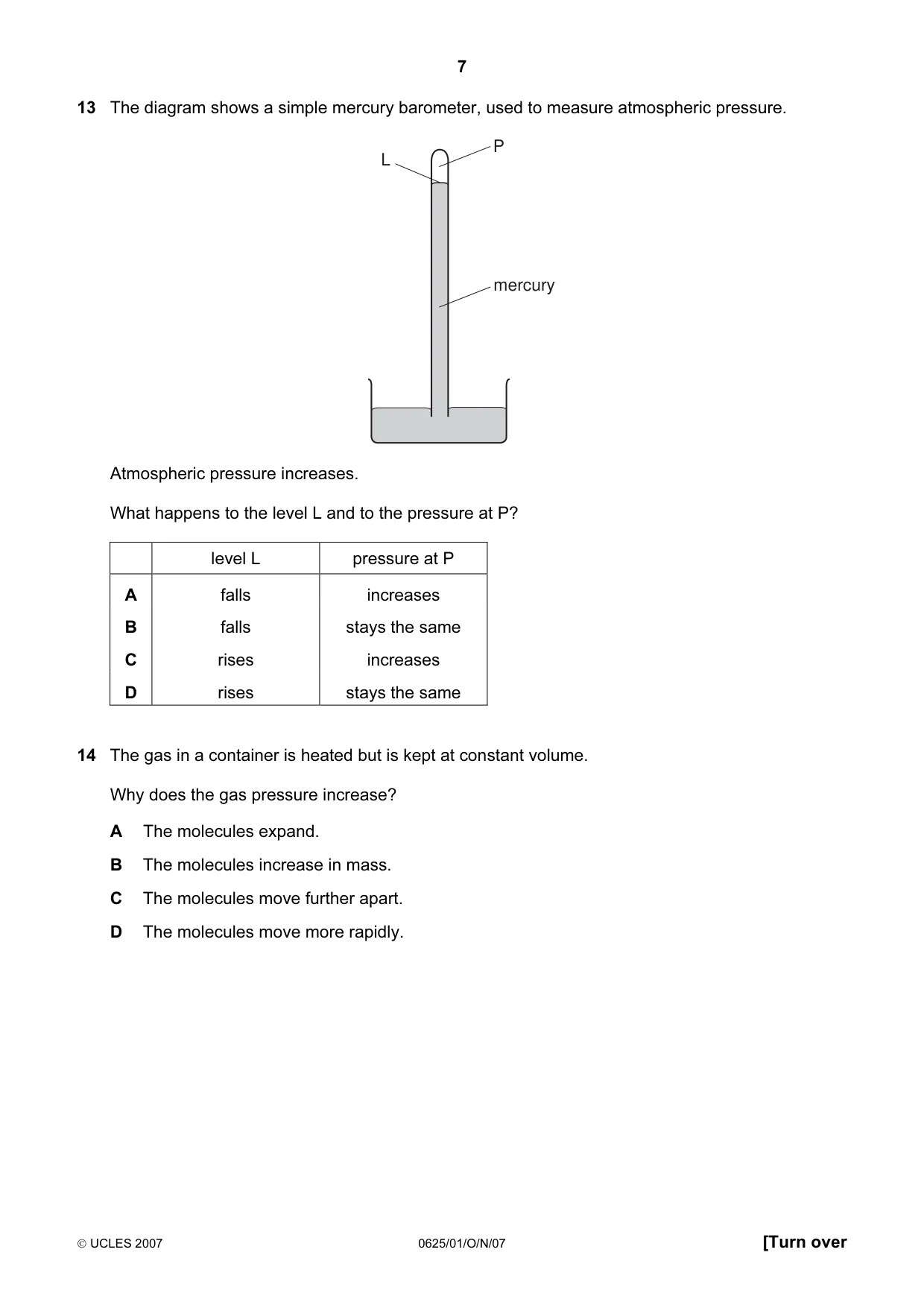 Cambridge IGCSE Physics 0625 2007 Oct/Nov Paper 1 · Variant 1 question paper, page 7 of 20