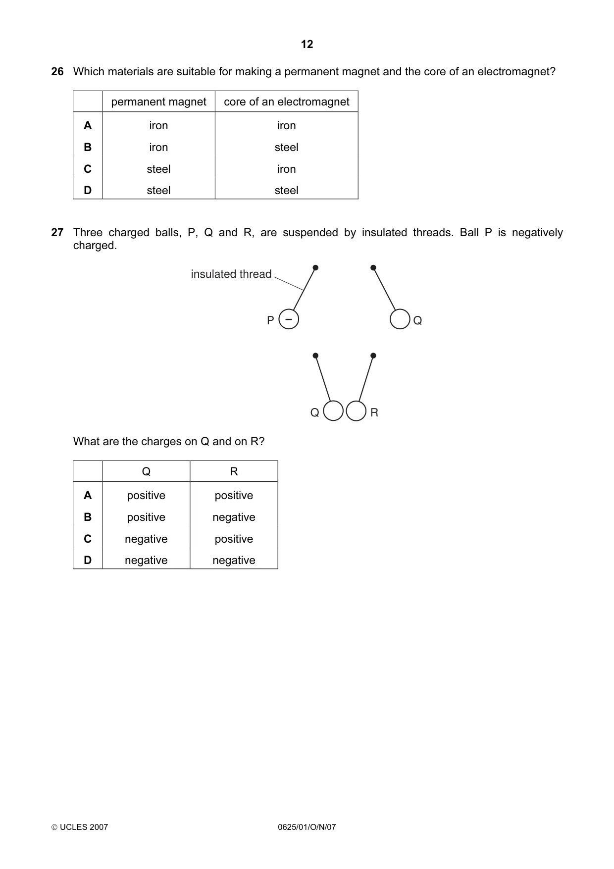 Cambridge IGCSE Physics 0625 2007 Oct/Nov Paper 1 · Variant 1 question paper, page 12 of 20