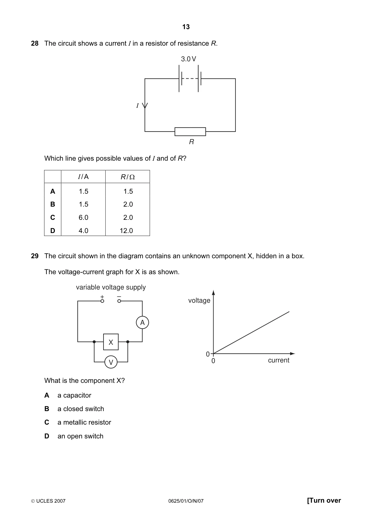 Cambridge IGCSE Physics 0625 2007 Oct/Nov Paper 1 · Variant 1 question paper, page 13 of 20