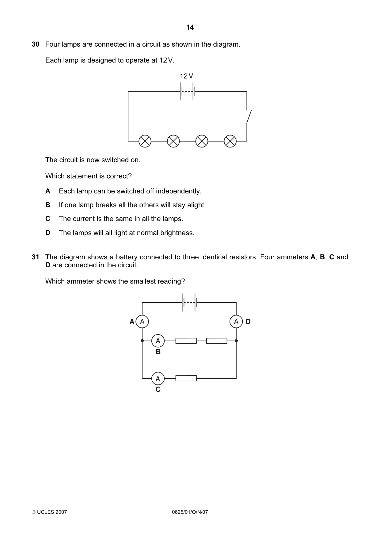 Cambridge IGCSE Physics 0625 2007 Oct/Nov Paper 1 · Variant 1 question paper, page 14 of 20