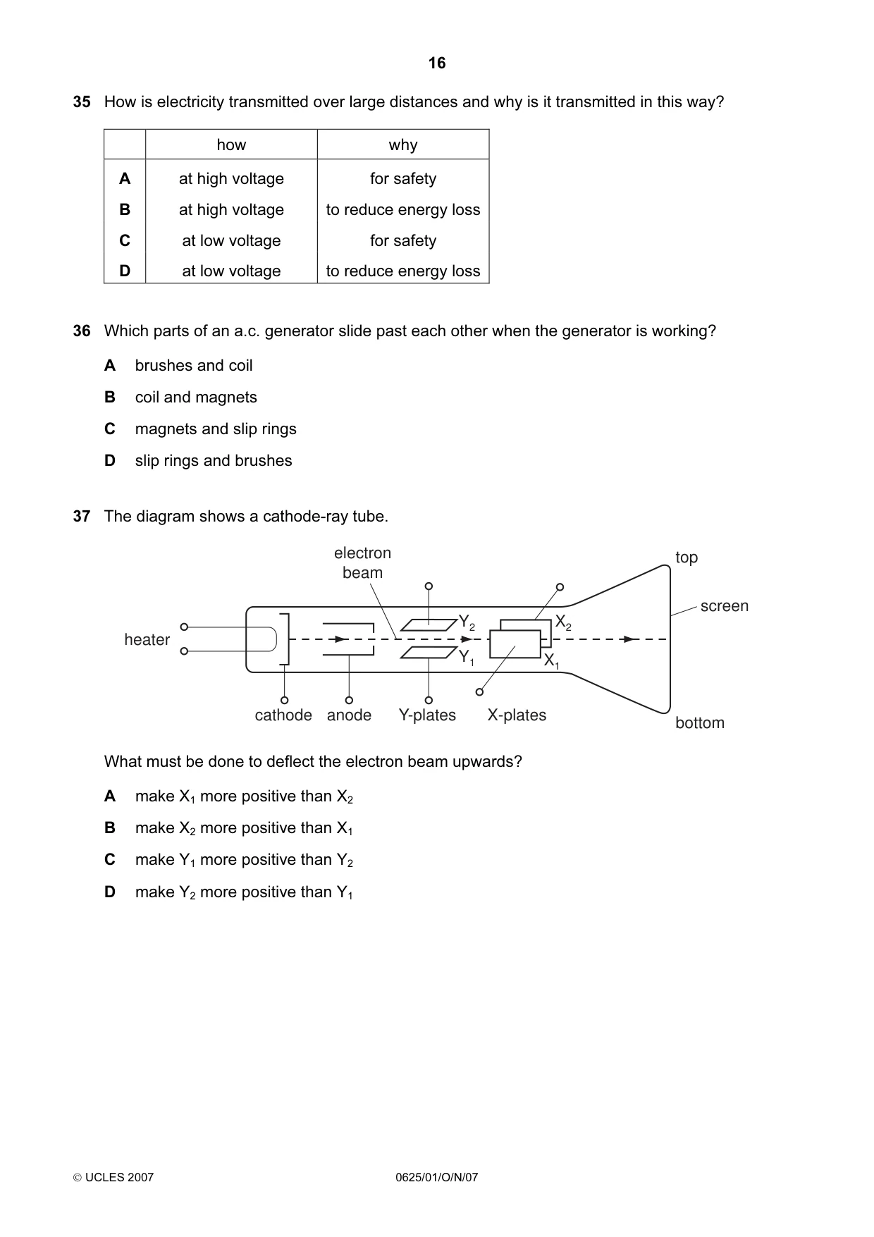 Cambridge IGCSE Physics 0625 2007 Oct/Nov Paper 1 · Variant 1 question paper, page 16 of 20
